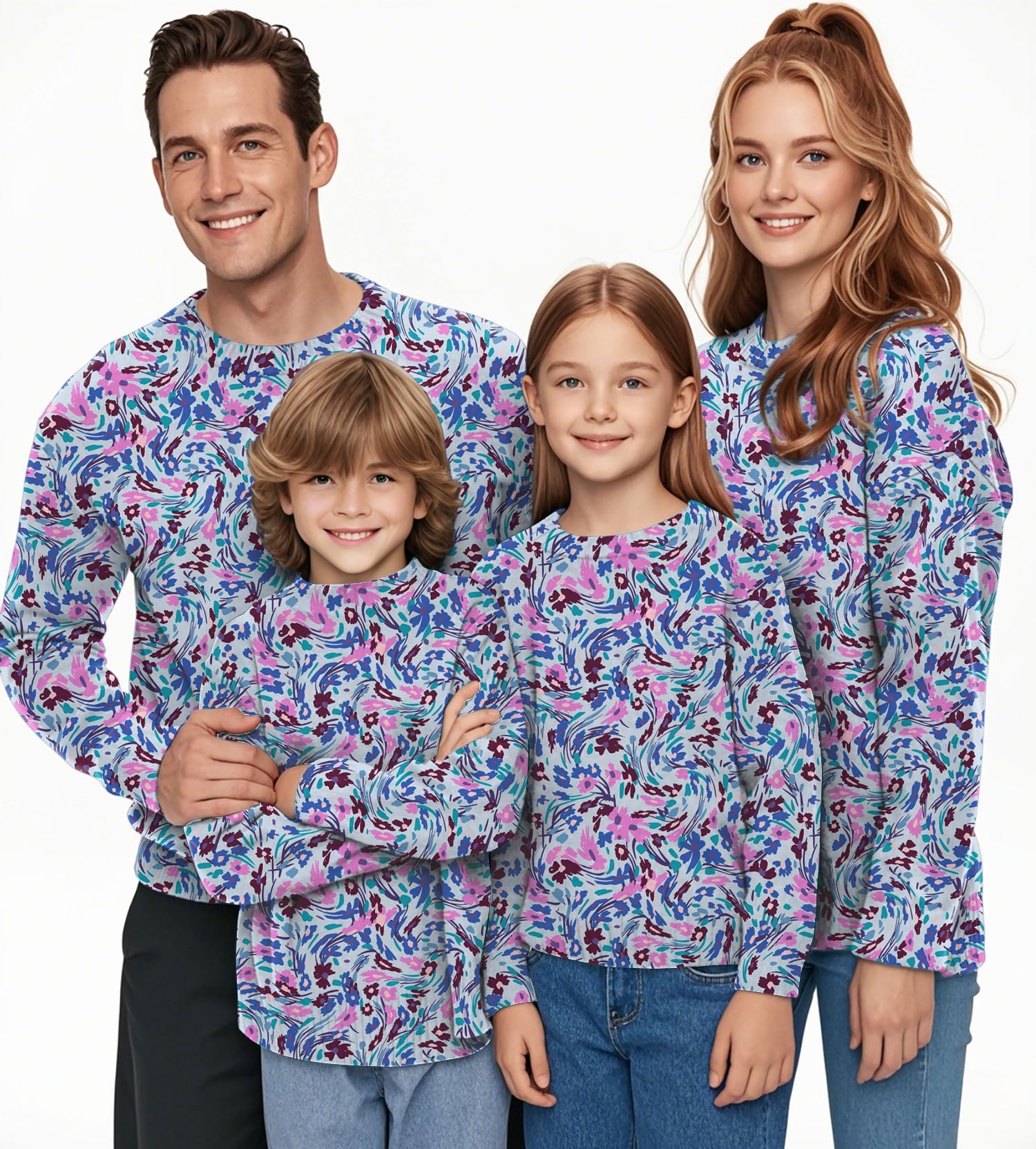 family wearing matching summer floral crewneck pullover ugly sweaters