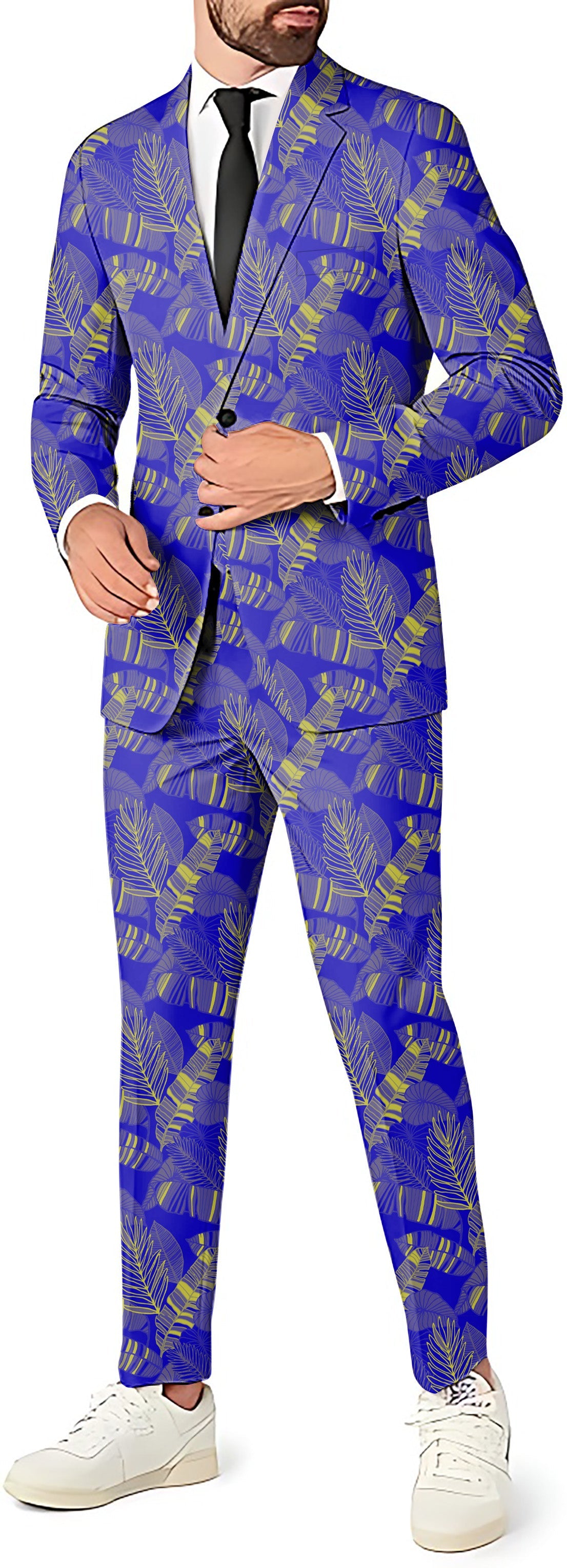 Men's party costume blue blazer and pants set with yellow palm print