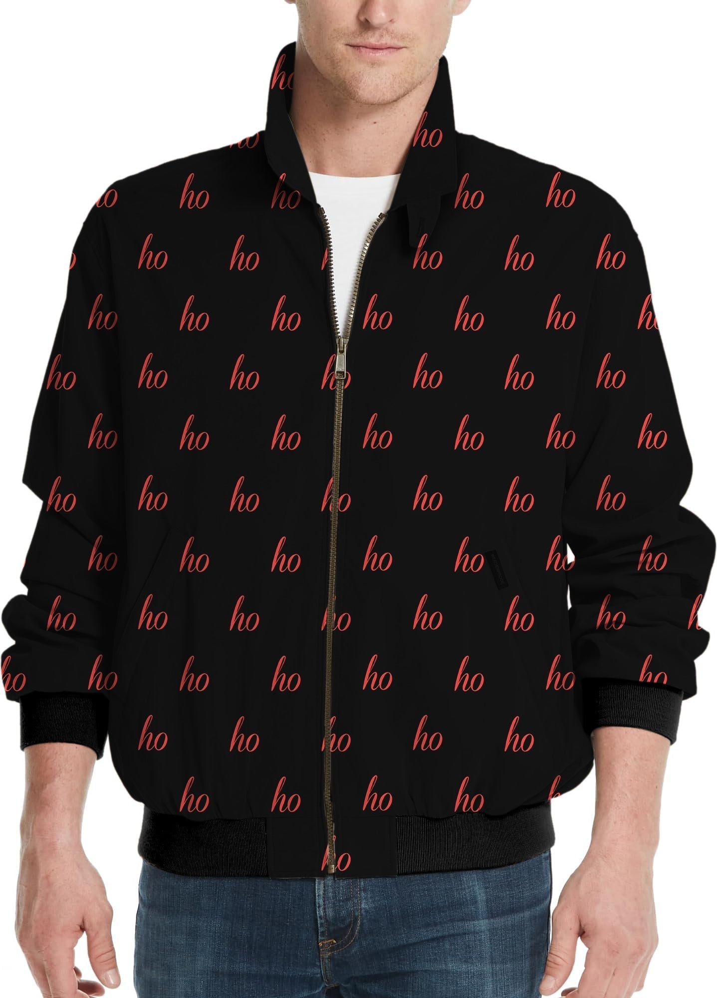 Black custom name men's Christmas golf windbreaker jacket with red "ho" print