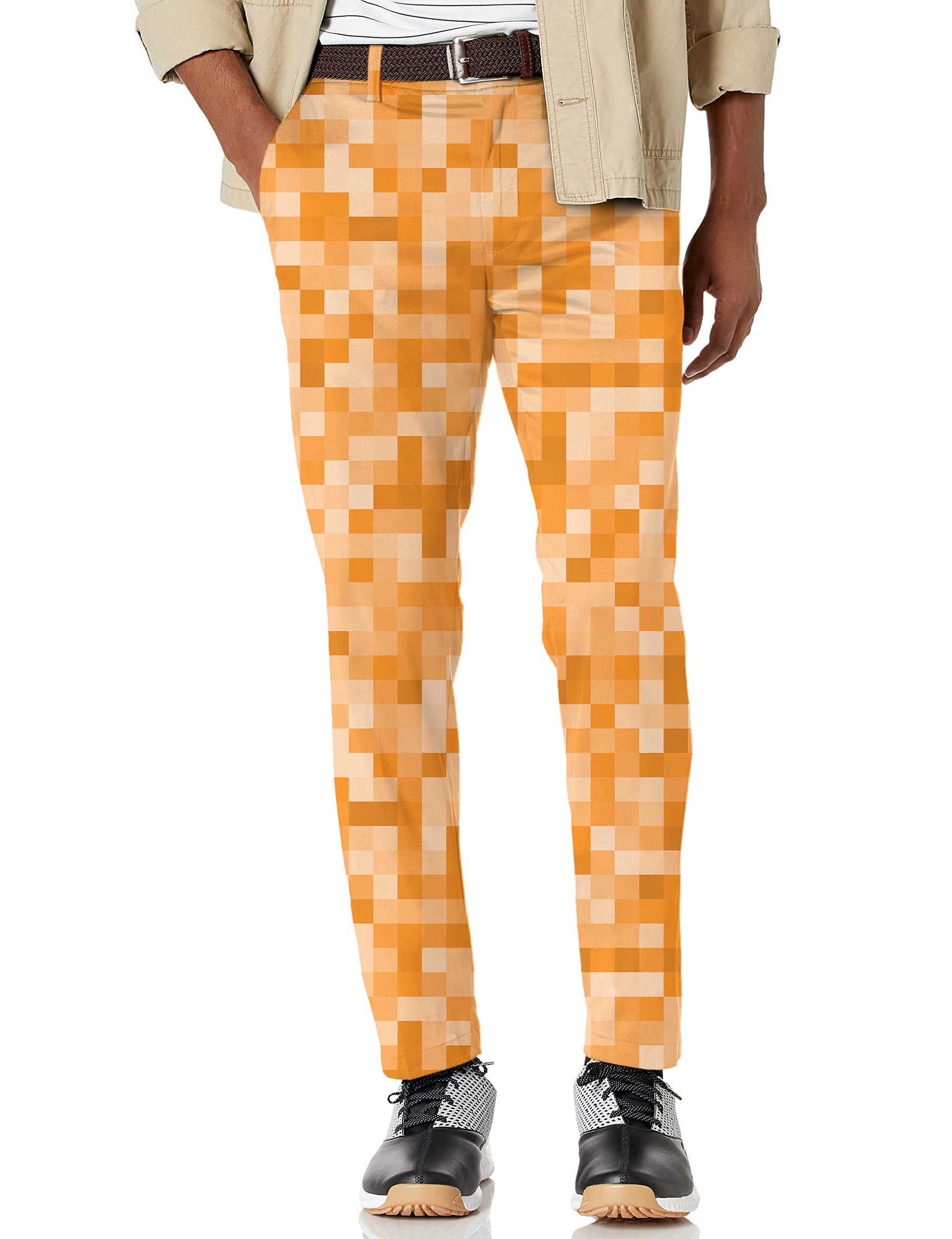 Men's orange pixel stretch golf pants with moisture-wicking fabric and active waistband