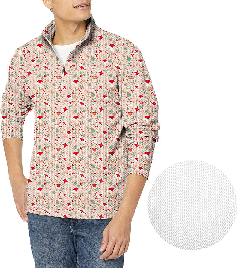 pink Christmas men's golf waffle zipper pullover with holiday pattern