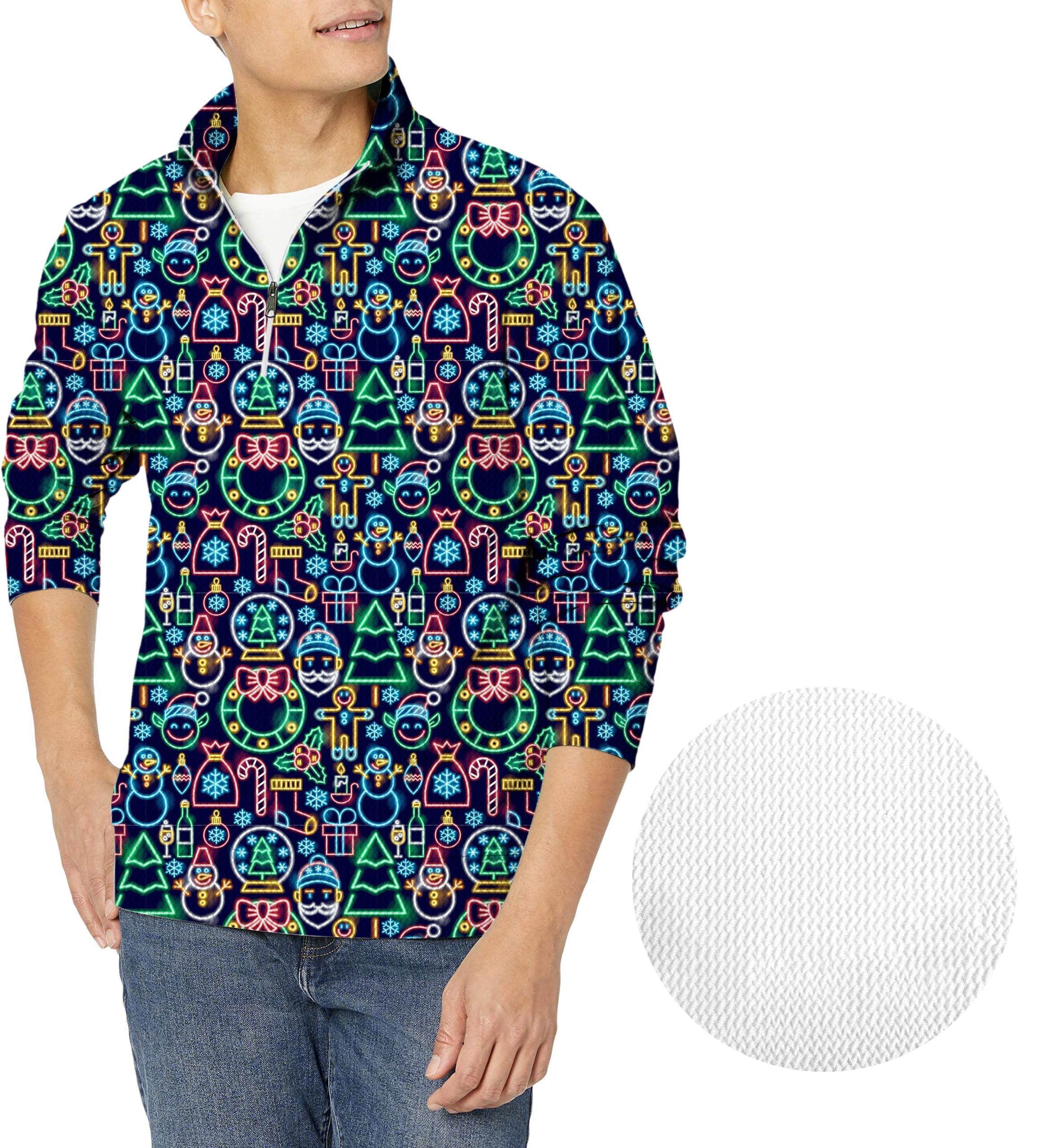Men's Neon Christmas golf waffle zipper pullover with vibrant holiday-themed pattern and breathable cotton-poly blend fabric.