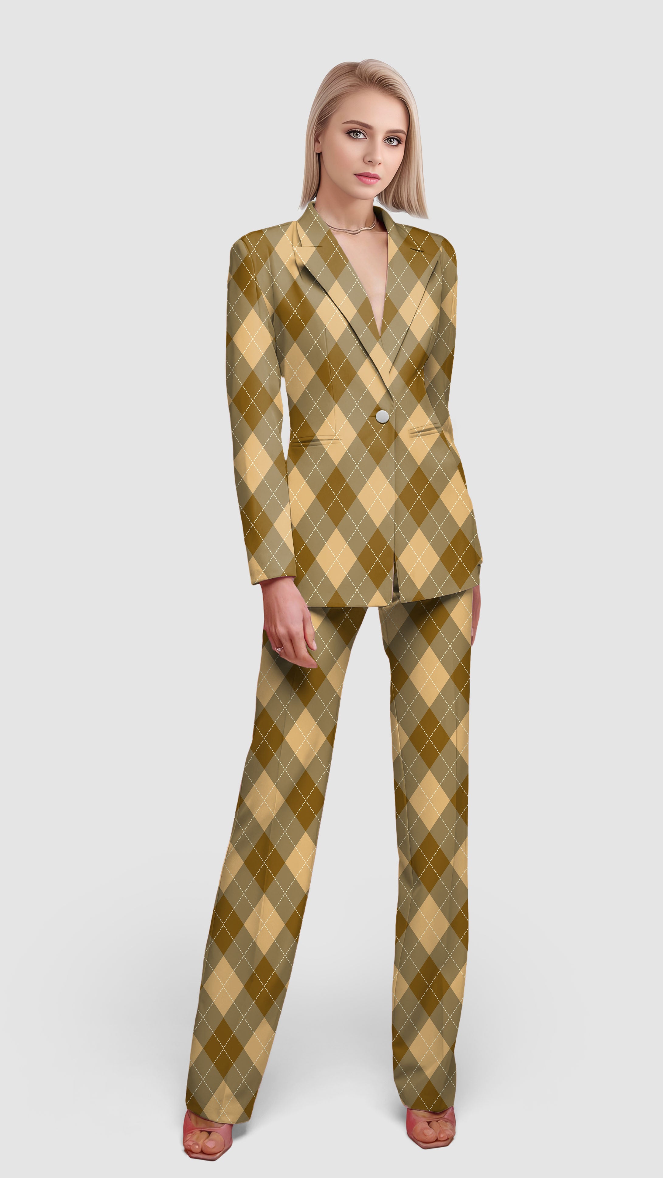 brown Argyle-Women's Blazer Casual Work Office Blazer Suit set