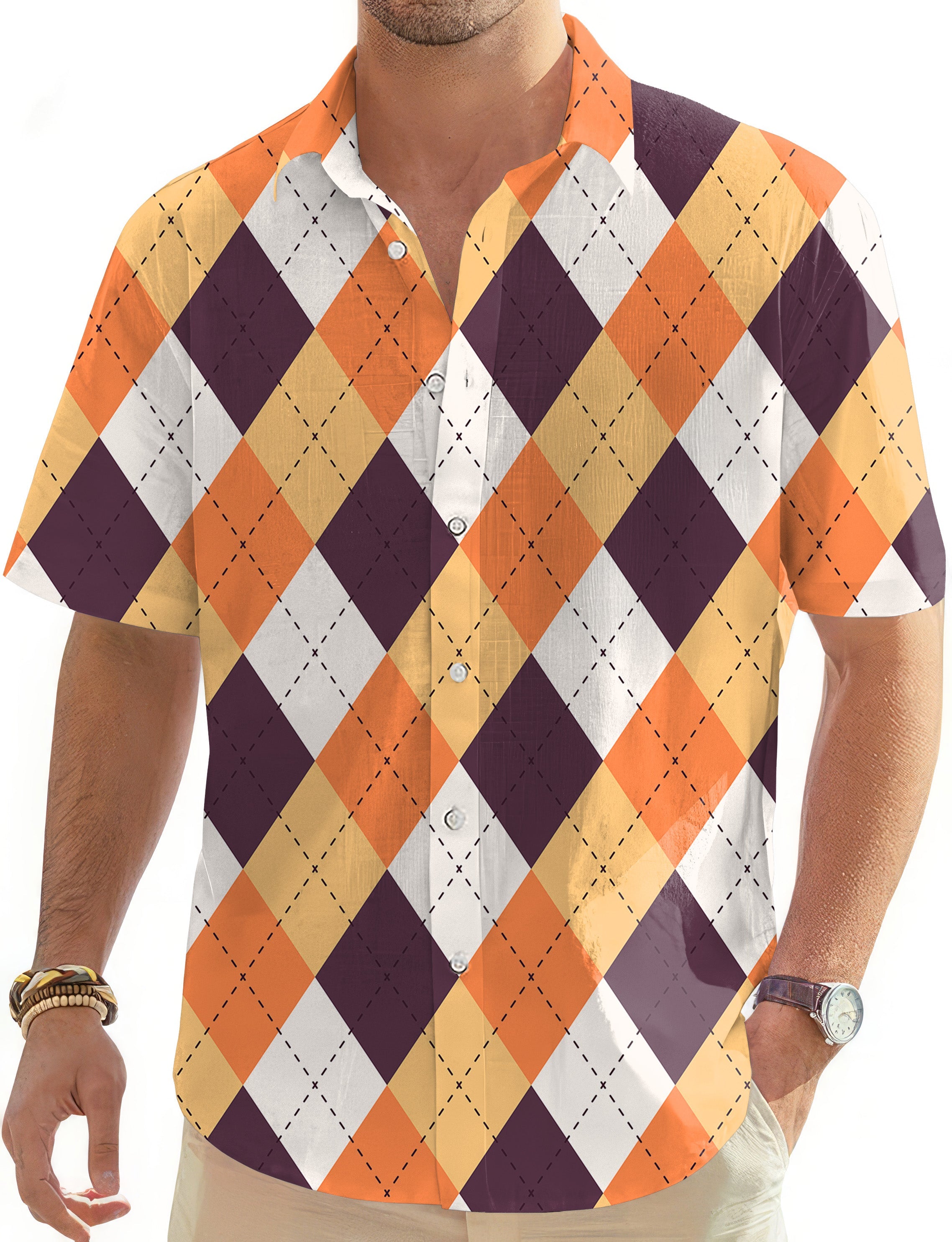Halloween orange white brown argyle men's golf Hawaiian button-down shirt with short sleeves and classic collar