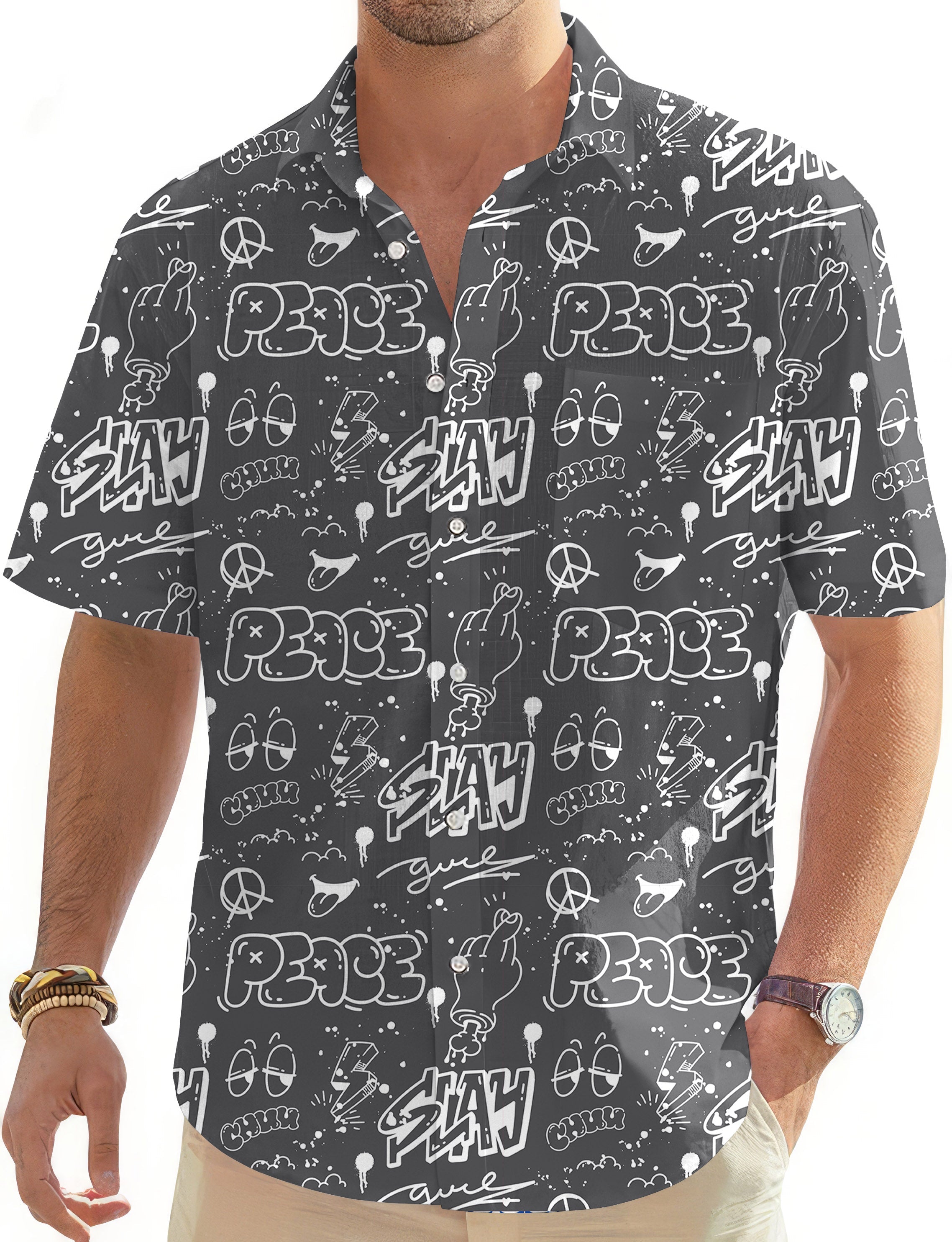 Gray Slay Peace men's golf Hawaiian shirt with button-down front and graphic print design