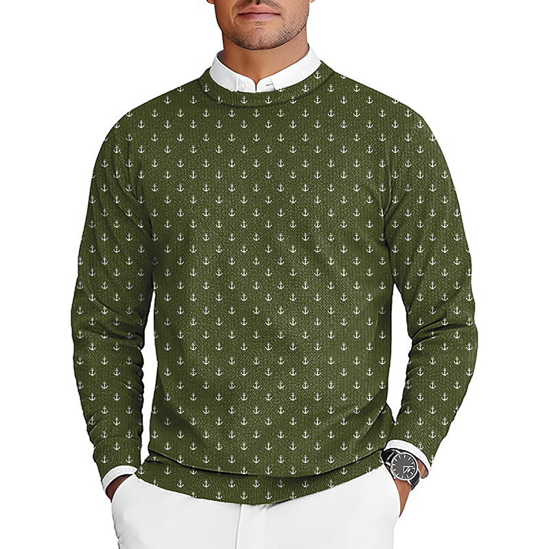dark green anchor men's golf crewneck pullover sweater with white anchor pattern