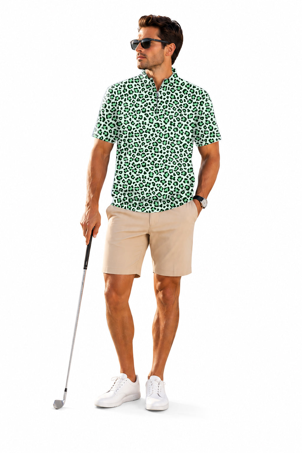 Men's Short Sleeve Quarter Zip Golf Pullover Green leopard print