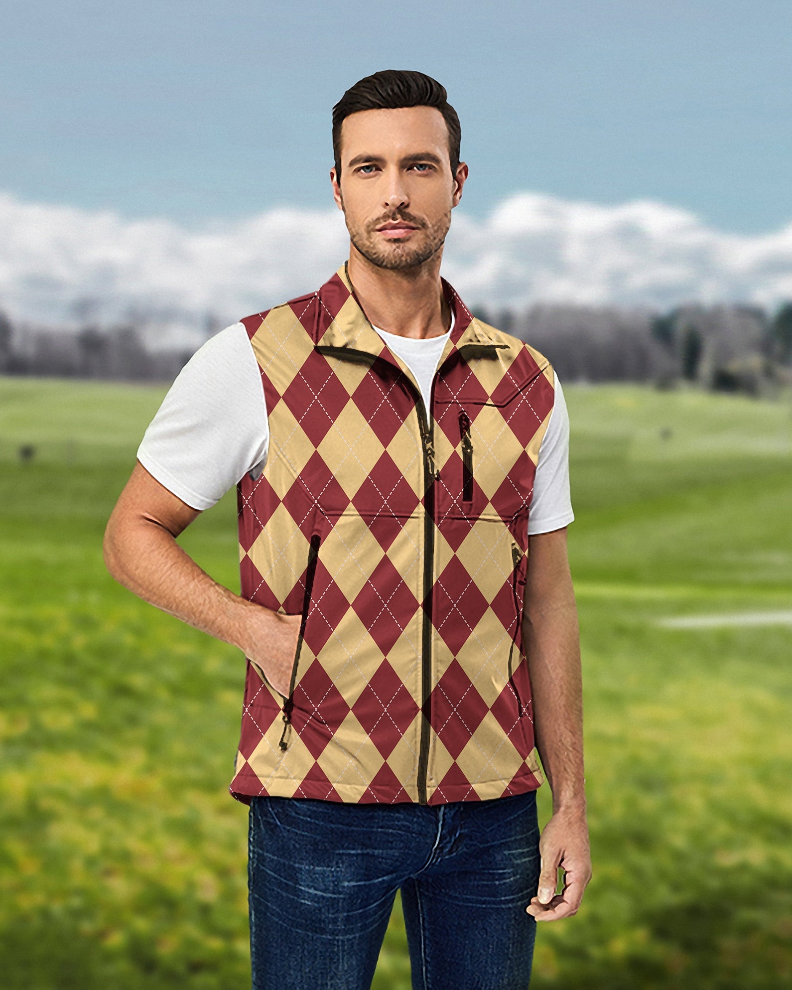 Men's yellow red argyle softshell vest sleeveless jacket for golf windproof waterproof
