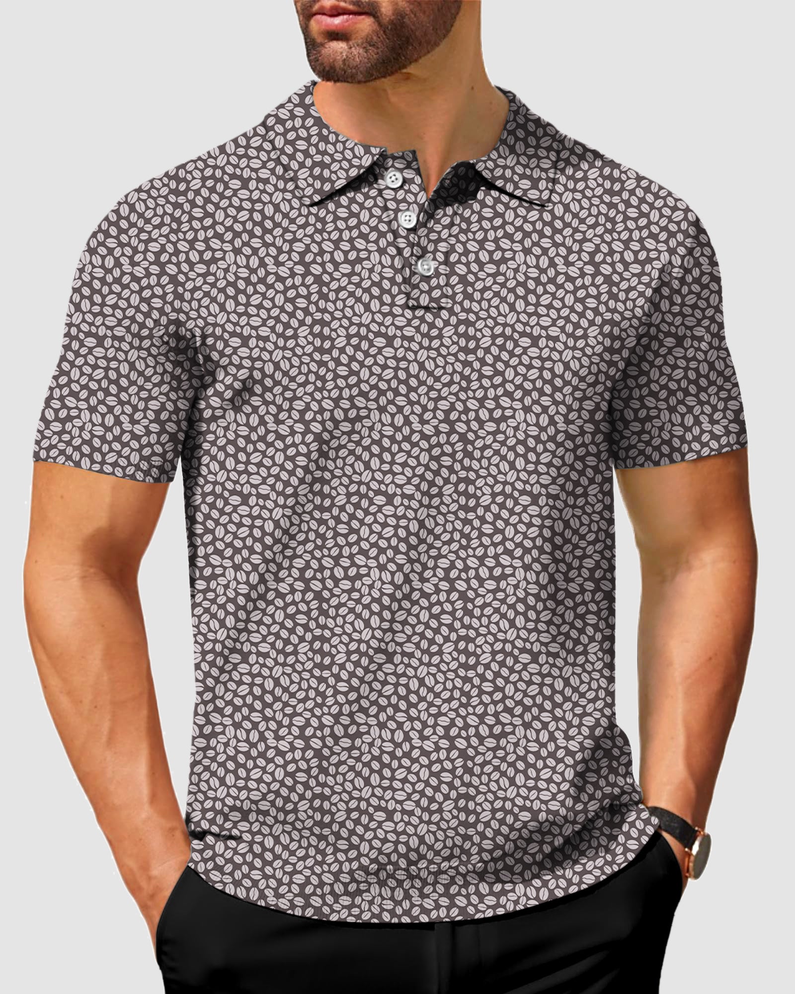 Men's Coffee Beans Polo shirt with customizable monogram, moisture-wicking, wrinkle-resistant fabric, UPF 40+ protection, four-way stretch, and classic fit for business casual or sporty look