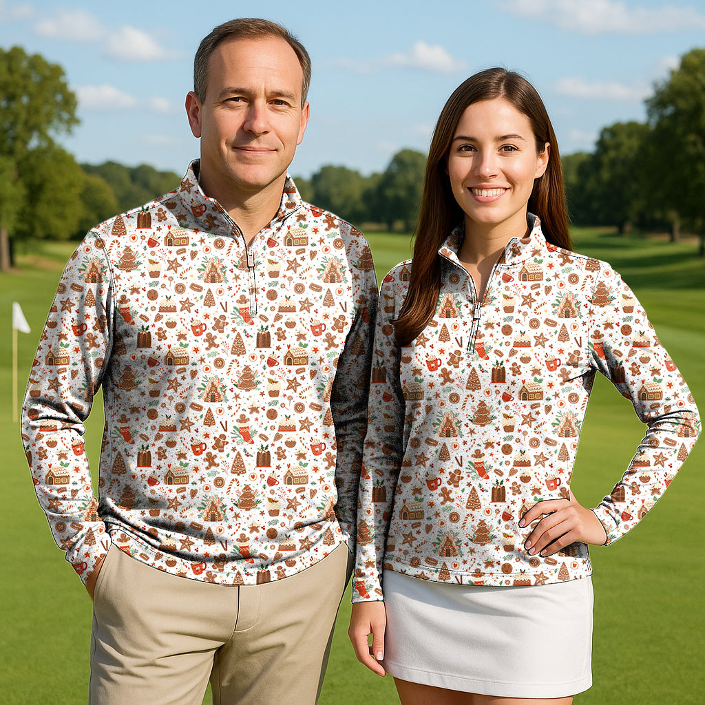 Couple wearing white Christmas candy house print golf active 3/4 zip tops with long sleeves on golf course