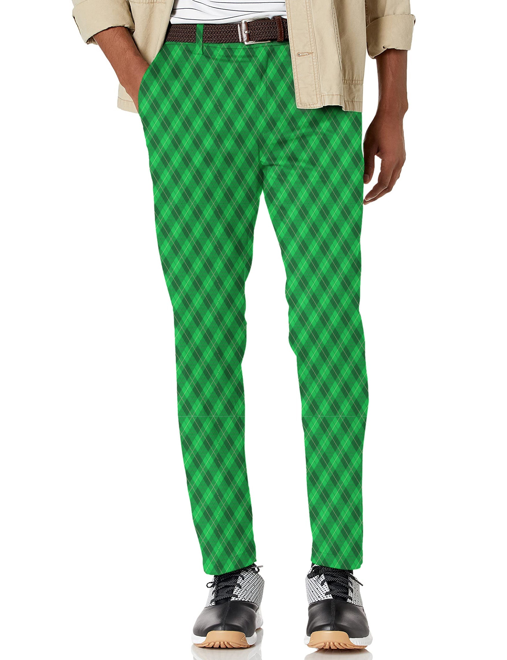 Men's green St. Patrick's Day stretch golf pants with moisture-wicking and wrinkle-resistant fabric