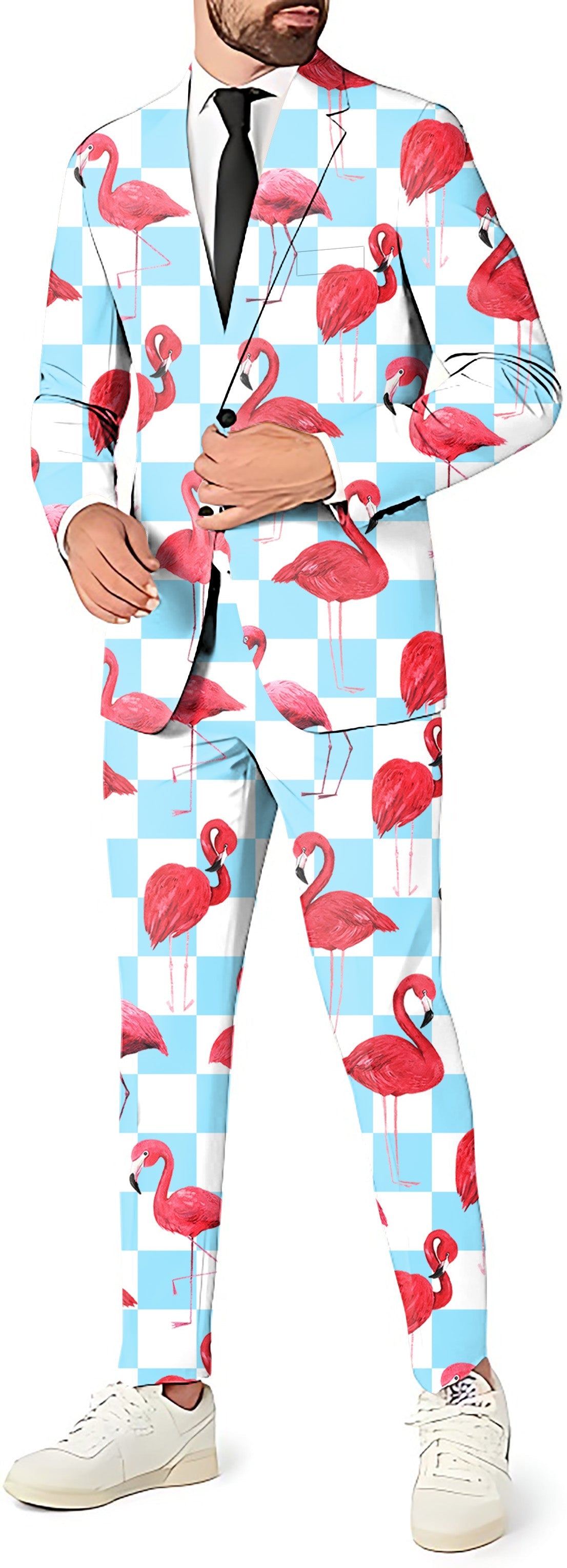 Flamingo men's party costume blazer pants and vest with flamingo print on blue and white checkered background