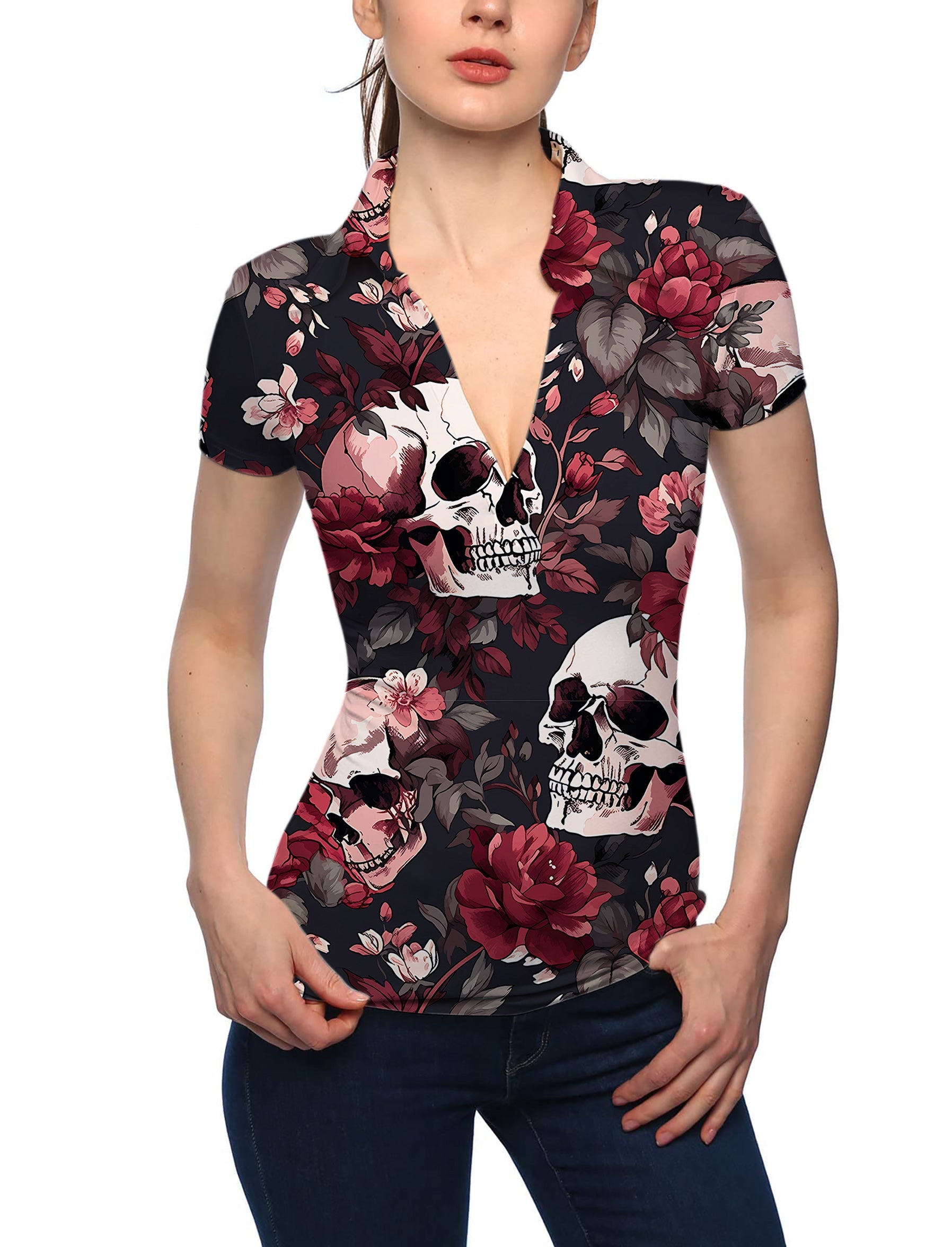 Women's Halloween floral skull print V-neck golf polo shirt with short sleeves and stand collar