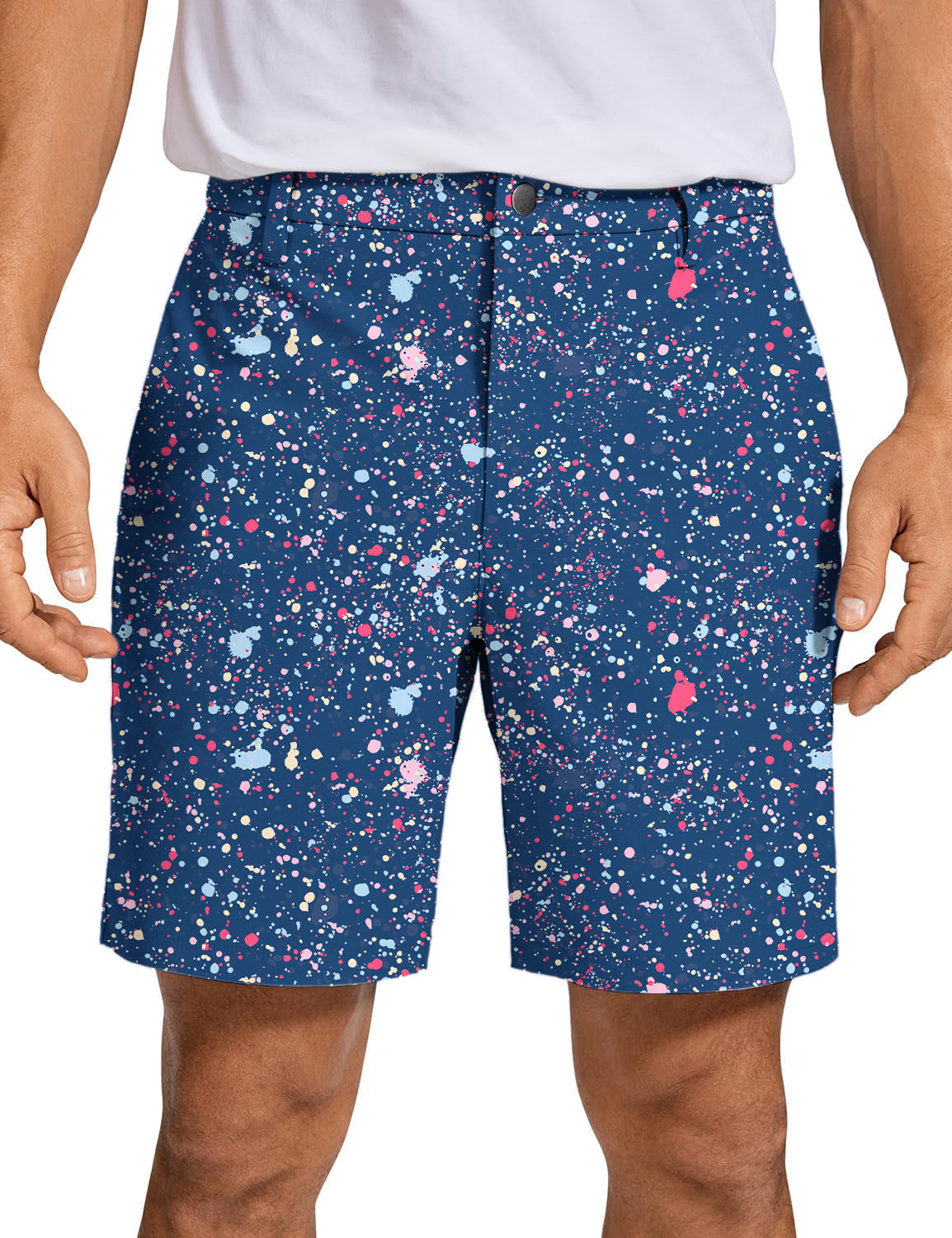 Men's navy blue ink dots golf shorts with quick-dry, breathable, lightweight, and wrinkle-free fabric
