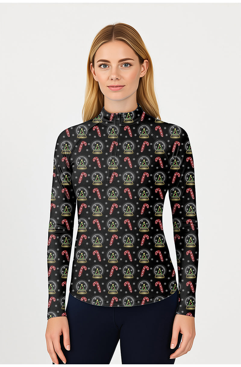 Women’s golf 3/4 zip top with Christmas decoration snowball pattern, long sleeves, and mock collar