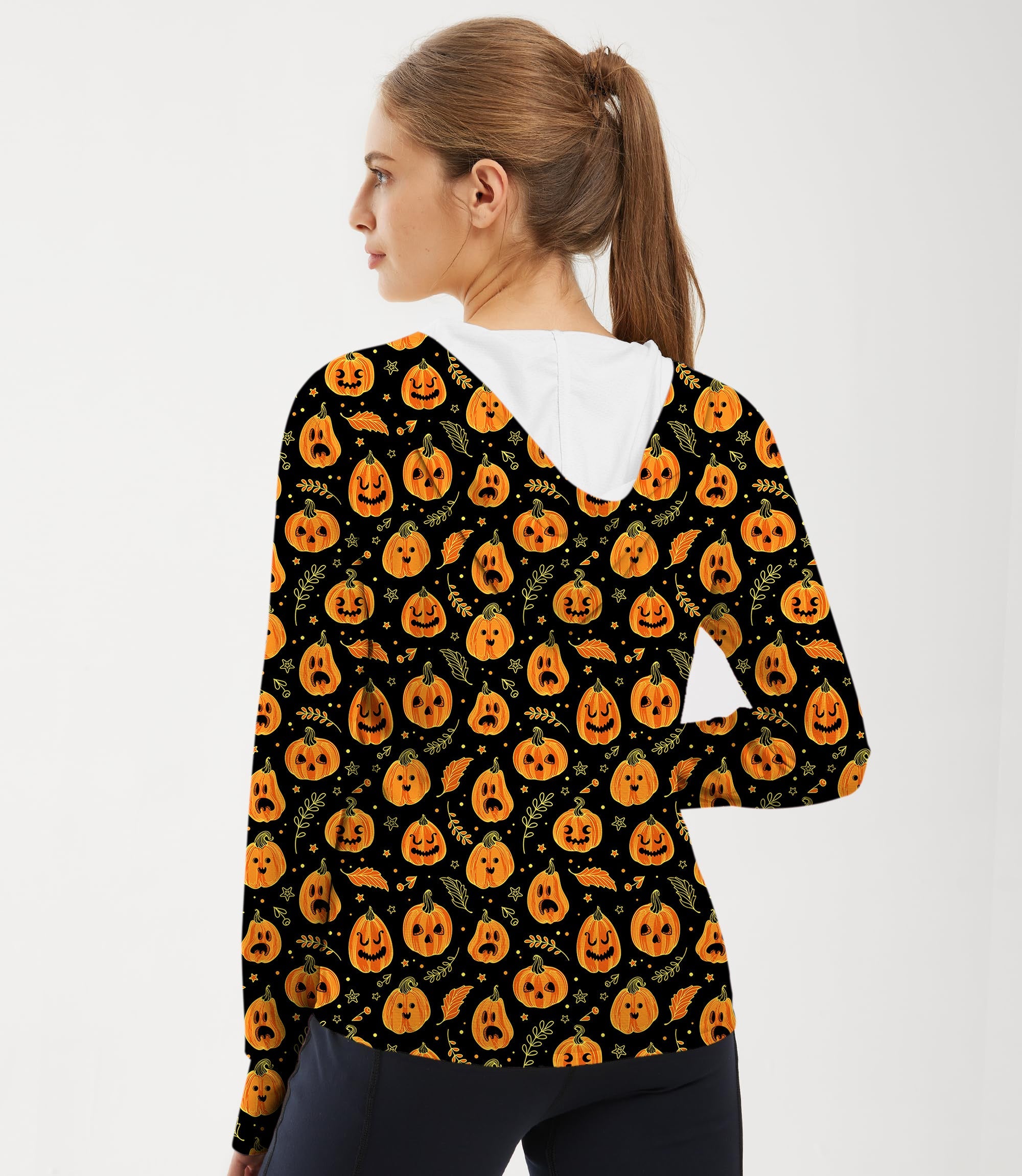 Women's slim fit zip hoodie with kawaii Halloween pumpkin and bones pattern for outdoor sun protection and golf activities