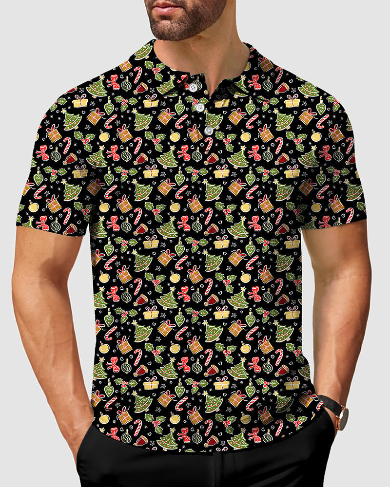 Men's Merry Christmas gift Polo with festive pattern, stretchy, moisture-wicking, wrinkle-resistant fabric, and classic fit