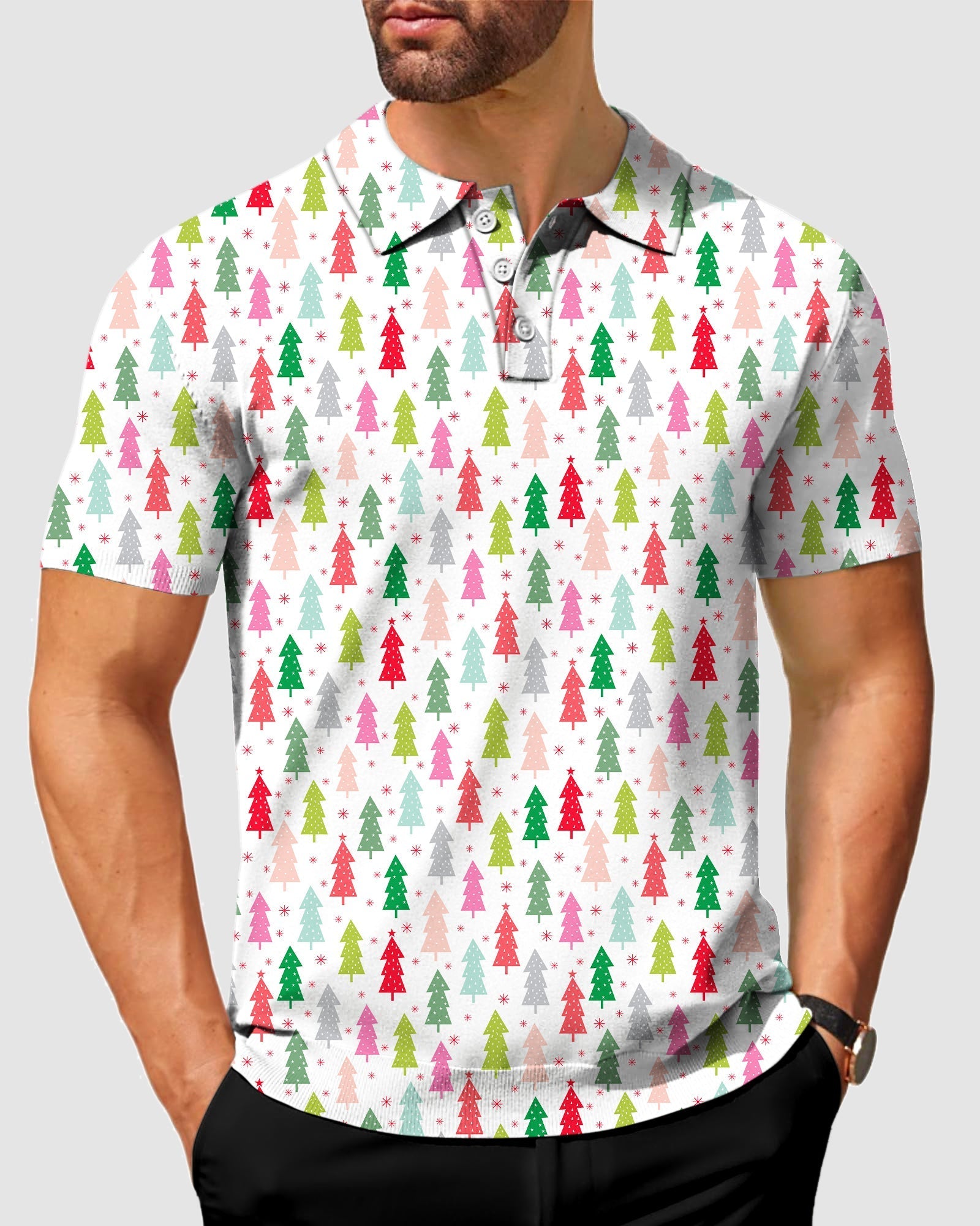 Men's Colorful Christmas Tree Polo shirt with customizable monogram, four-way stretch, moisture-wicking fabric, wrinkle resistant, UPF 40+ protection, and classic fit for business casual and golf