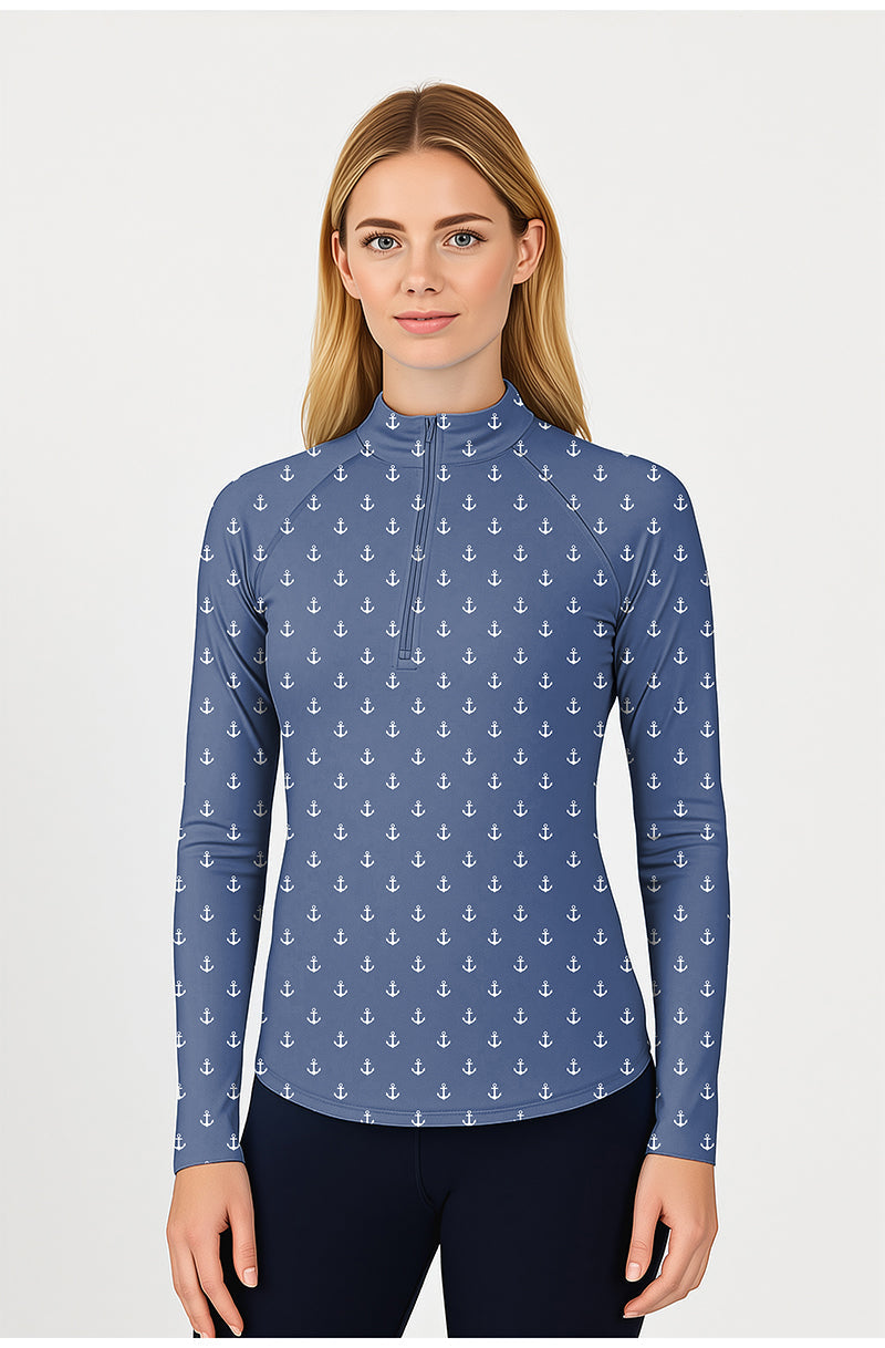 Navy Anchor Women's Golf 3/4 zip top with long sleeves, mock collar, and anchor pattern in lightweight, stretchy fabric with UPF50+ sun protection
