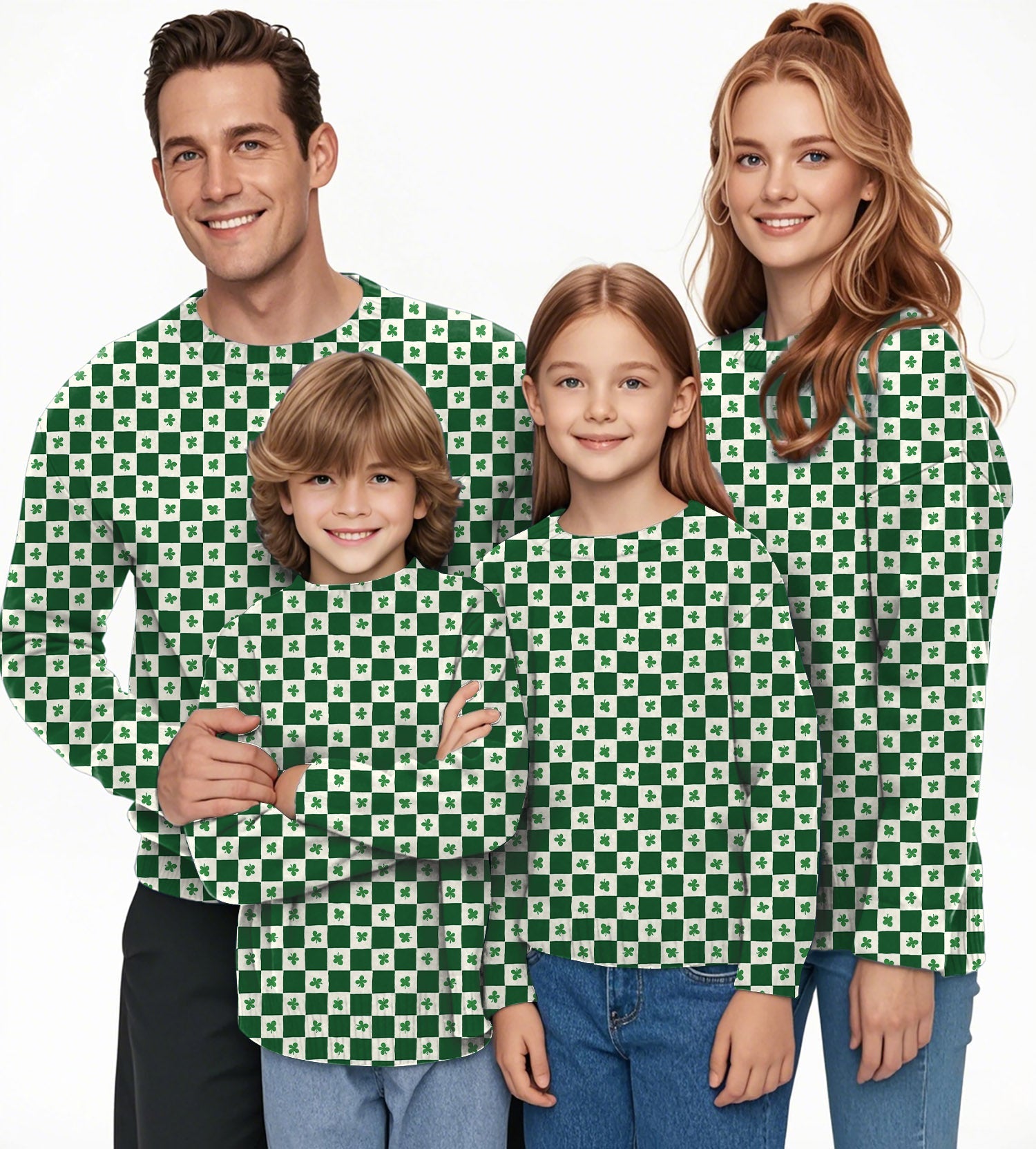 Family wearing green and white leaf clover patterned St. Patrick's Day crewneck pullovers