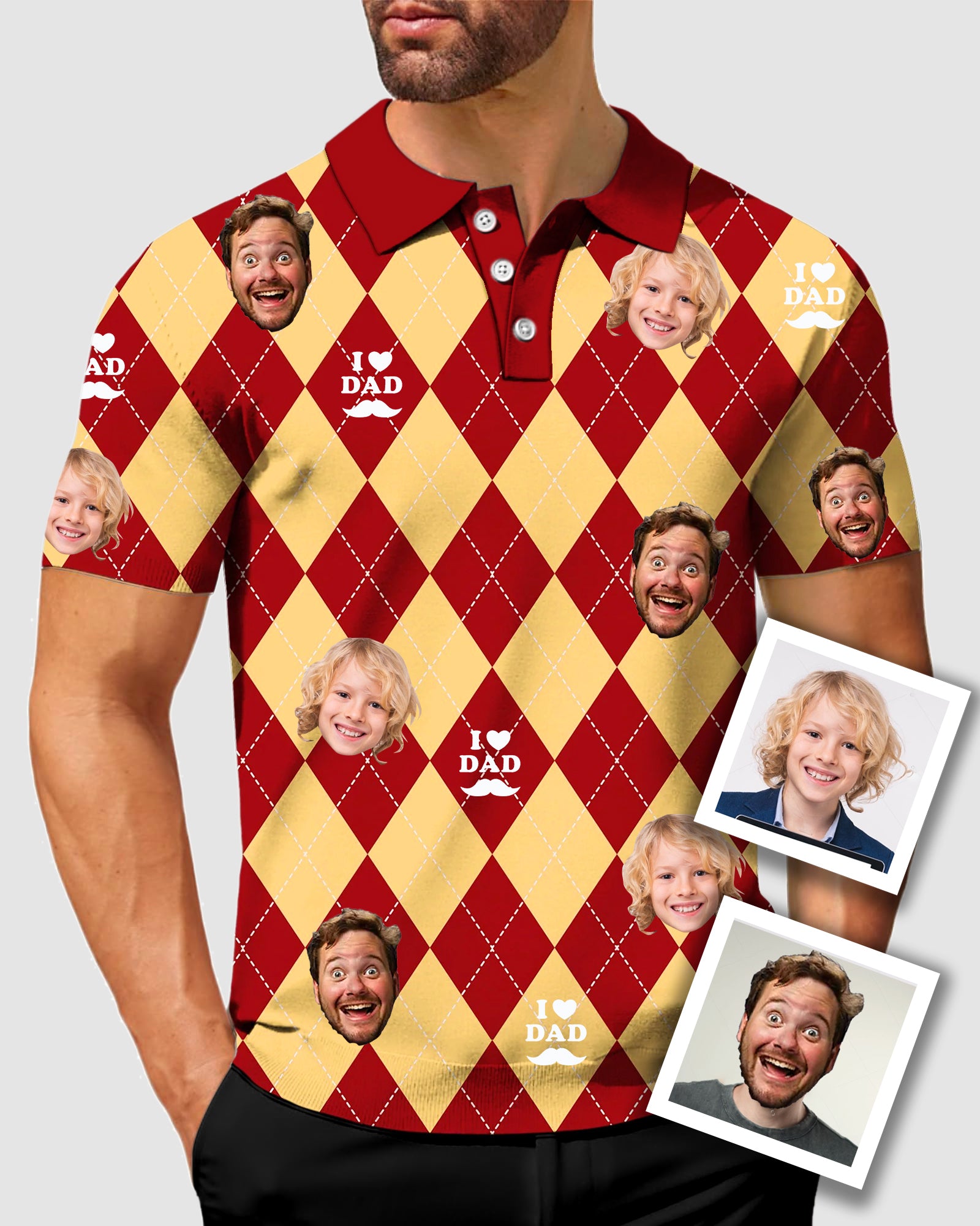 Men's To My Dad Custom Face Yellow Red Argyle Men's Golf Polo Father's Day Gift Polo