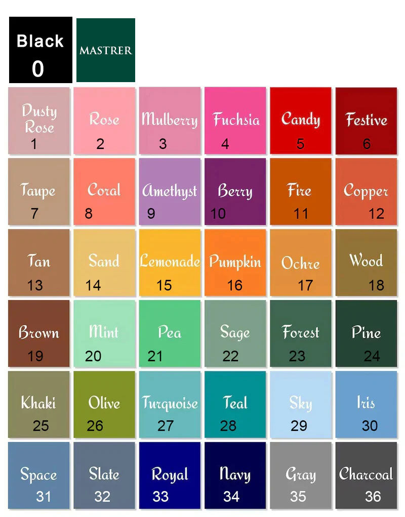 Color swatches chart for customizing men's golf crewneck sweaters including black, rose, coral, amethyst, tan, mint, teal, navy, and charcoal options