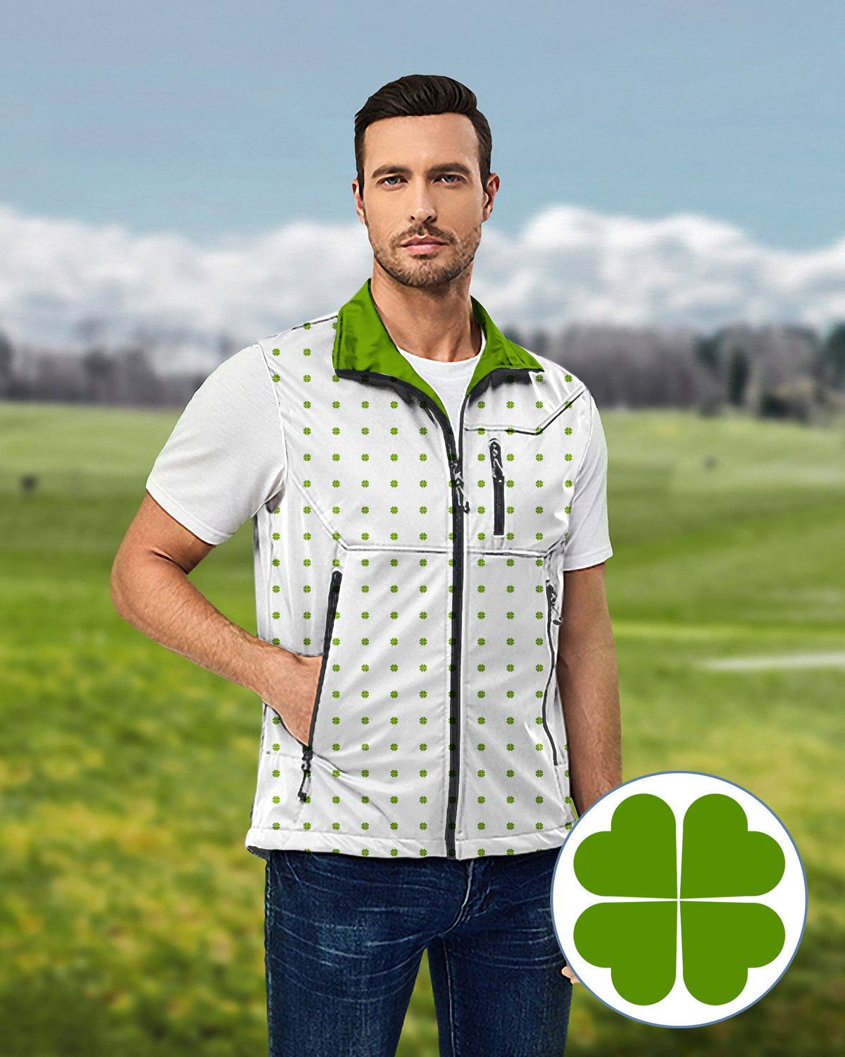 Men's Lucky Four-Leaf Clover Lightweight Softshell Vest Sleeveless Jacket for Golf Windproof Waterproof