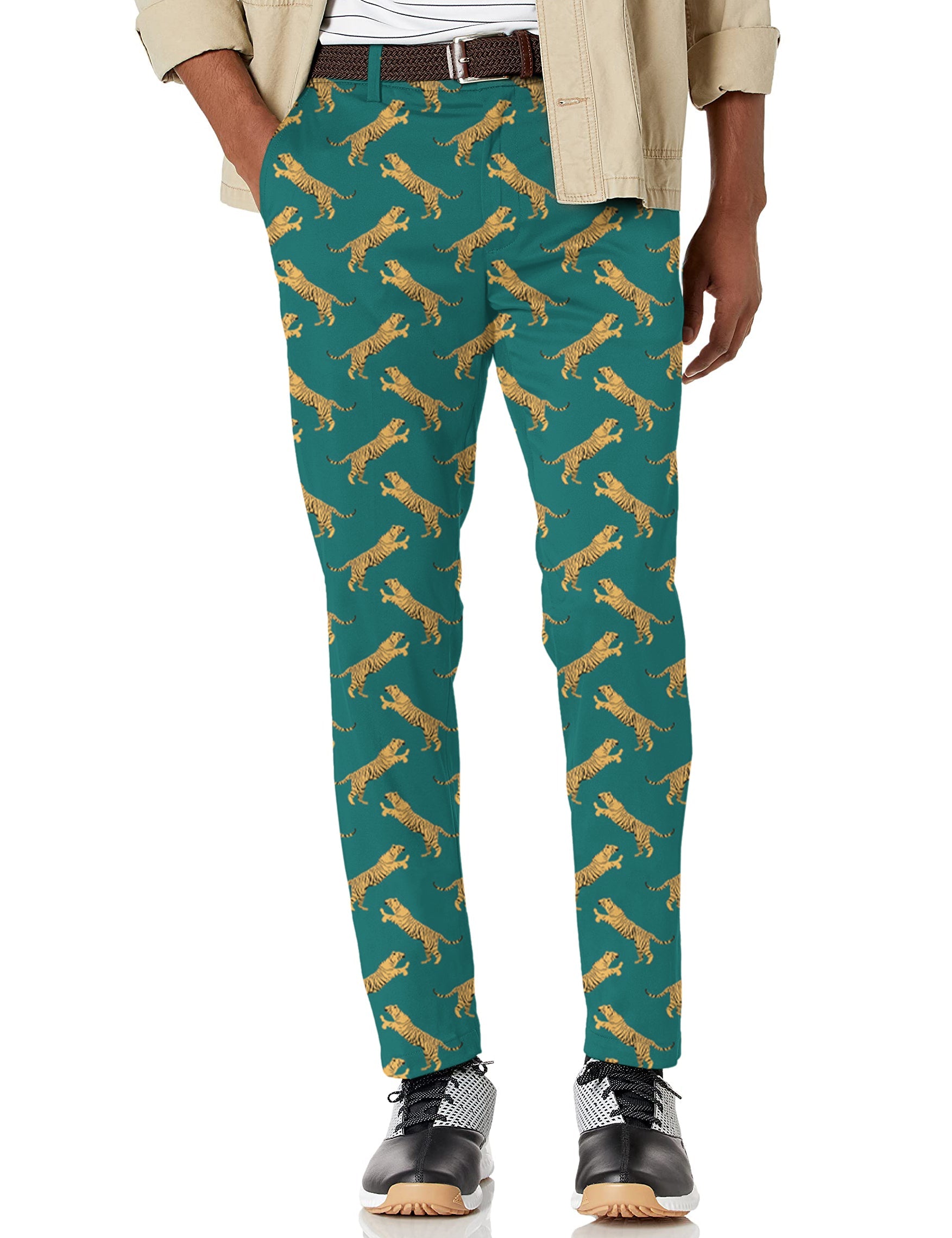 Men's green tiger print stretch golf pants with moisture-wicking fabric and active waistband