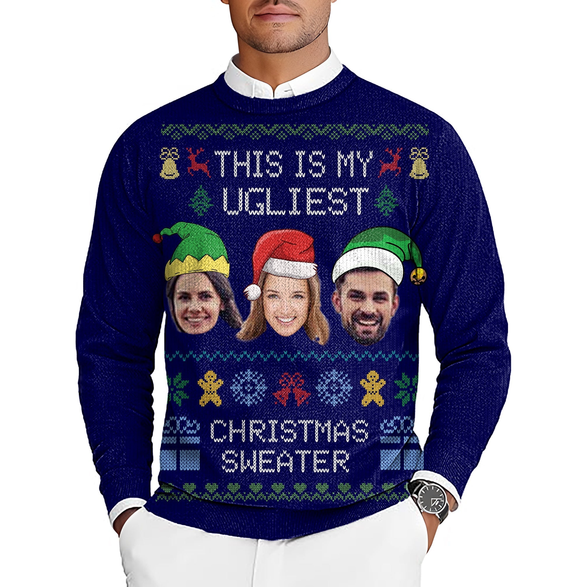 Navy Christmas custom face men's golf crewneck ugly sweater with personalized faces and festive design