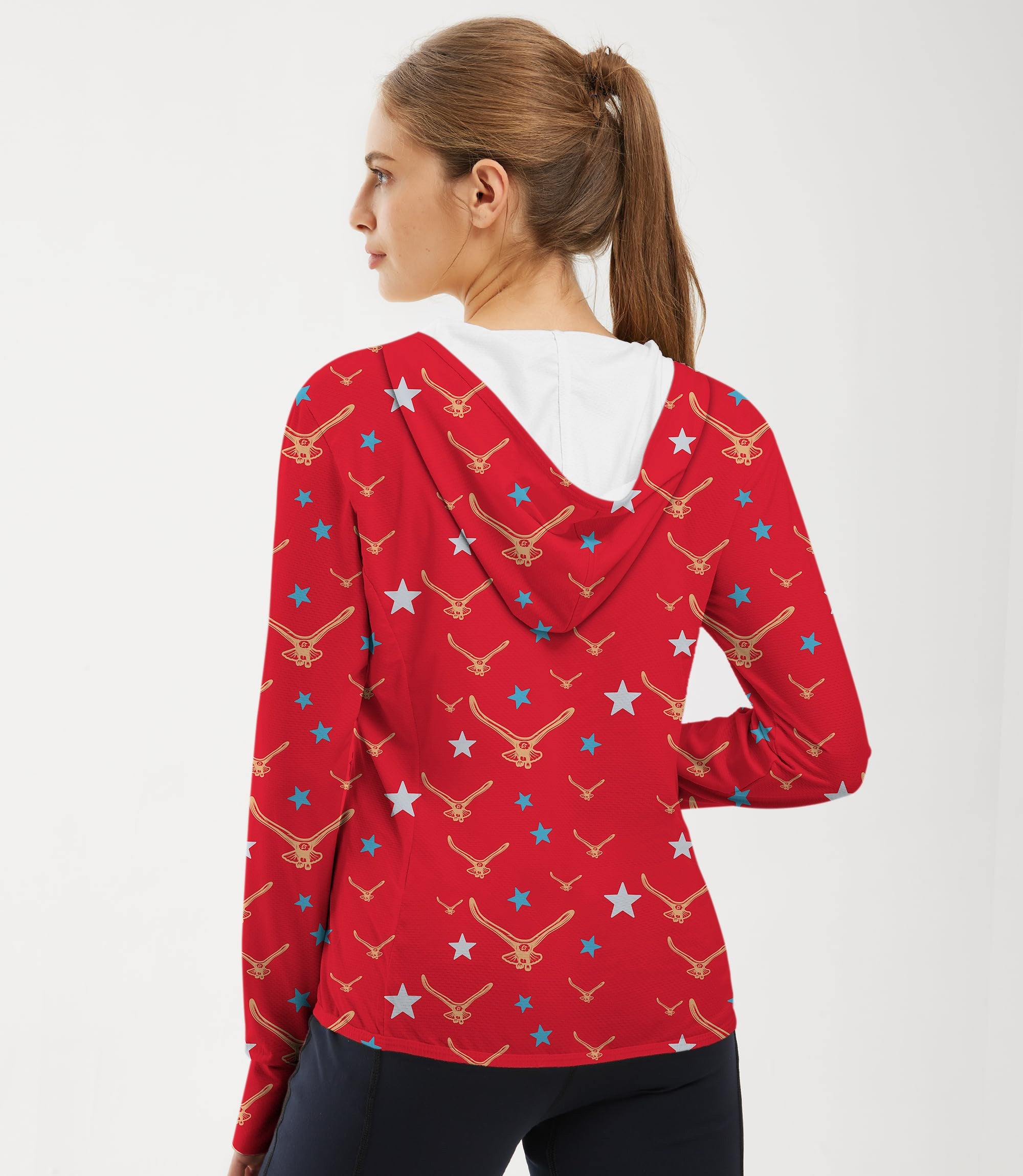 Women's Outdoor limited edition red star eagle golf sun protection slim fit zip hoodie back view