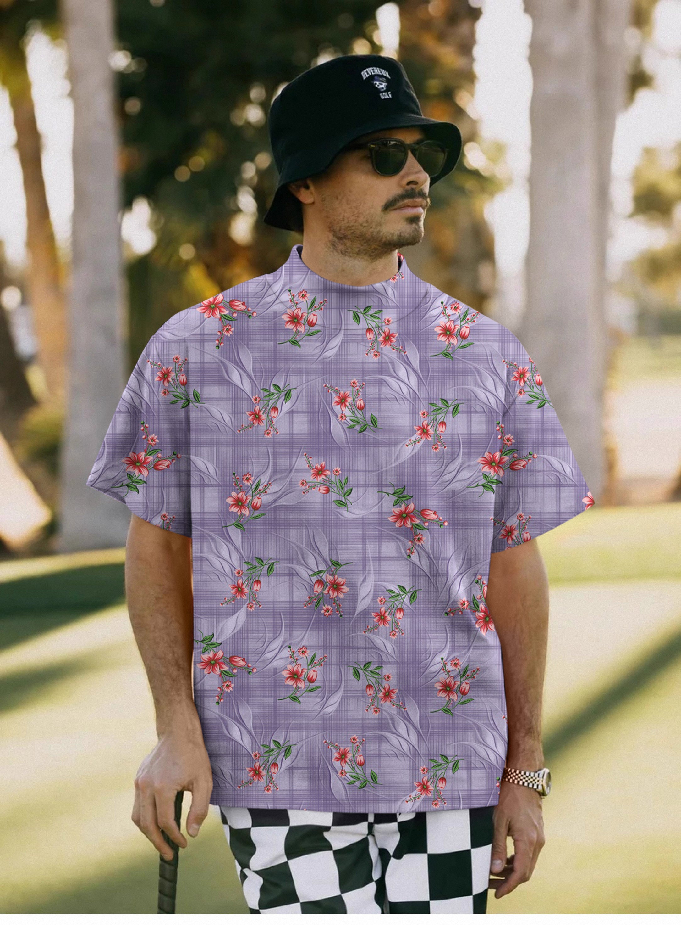 Men's Purple flower Pullover High neck Long/Short sleeve T-Shirt