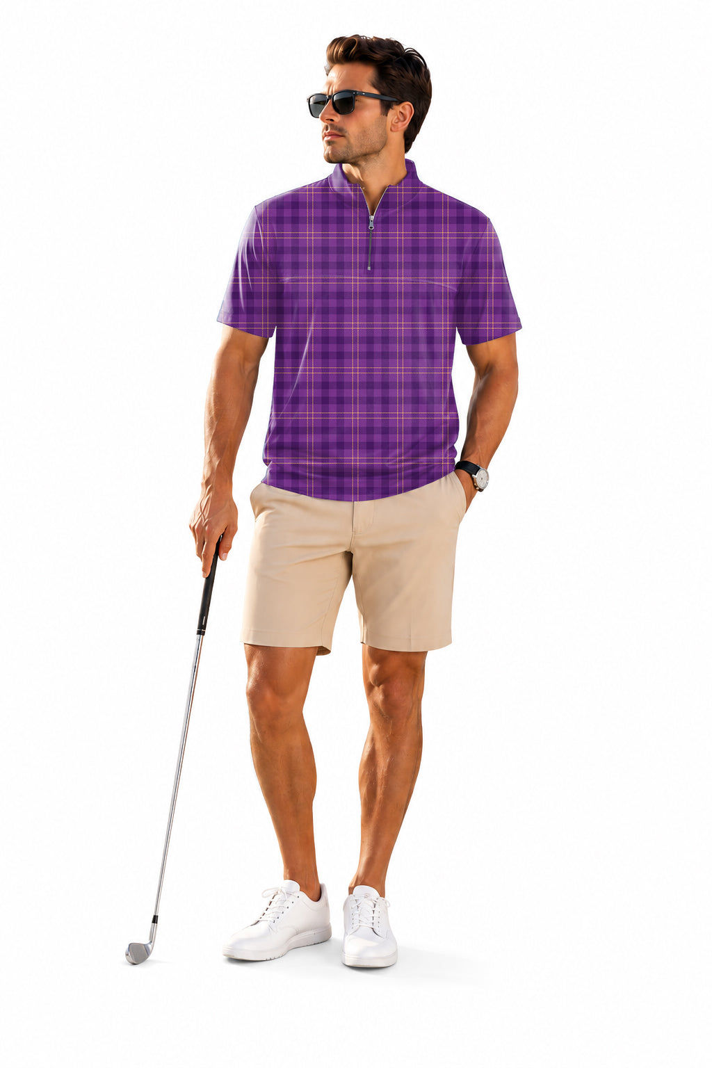 Men's Short Sleeve Quarter Zip Golf Pullover Halloween purple plaid