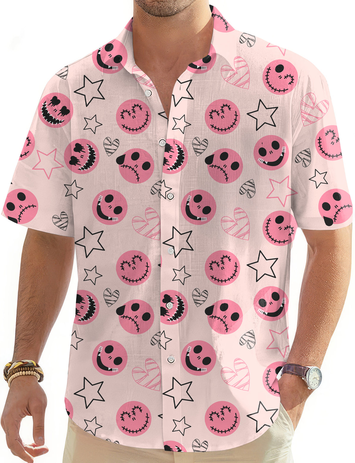 Halloween pink smiley face Men's Golf Hawaiian Shirts Button Down Shirt