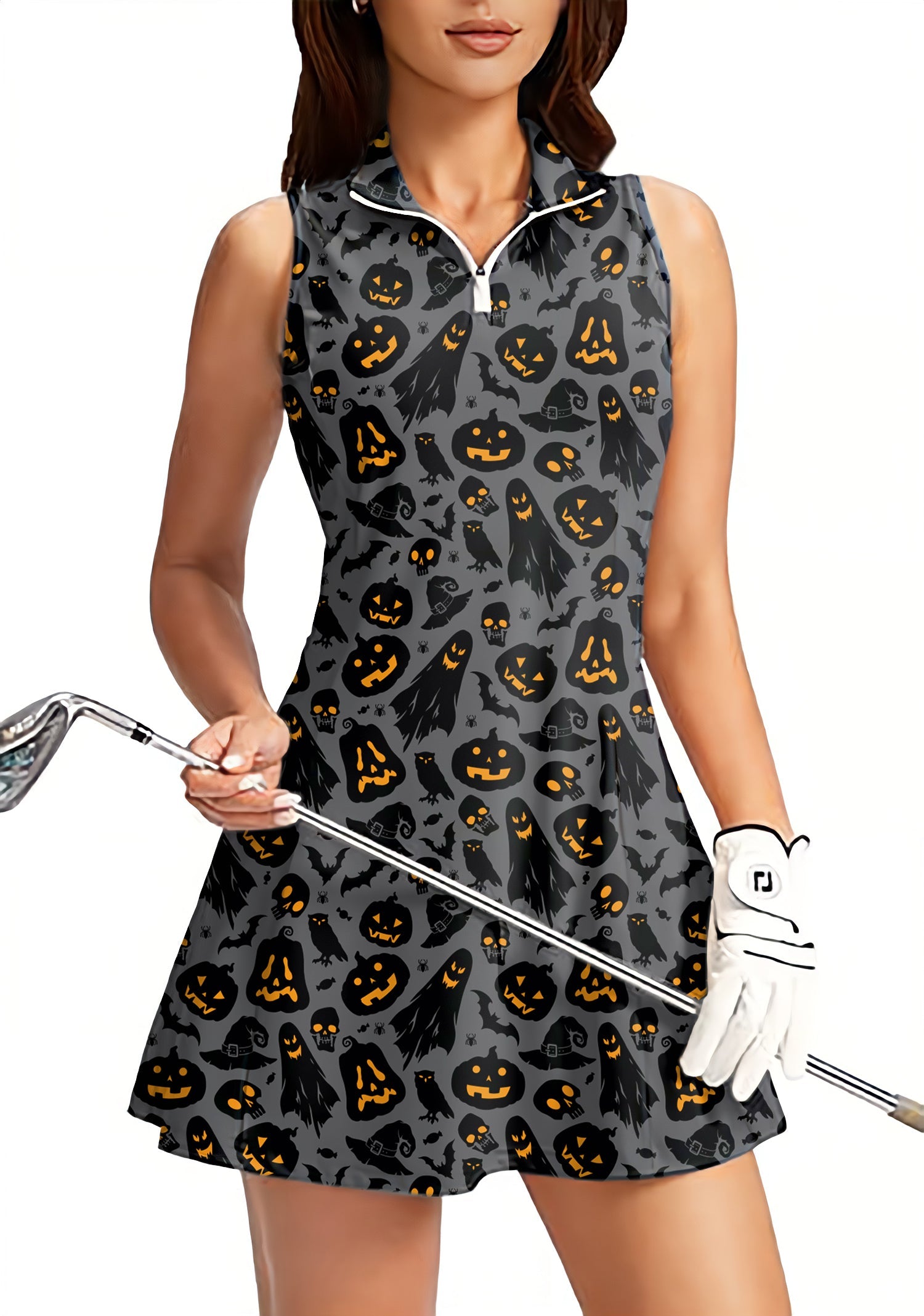 Spooky Halloween women’s sleeveless golf dress with zipper and built-in shorts featuring pumpkin and ghost patterns