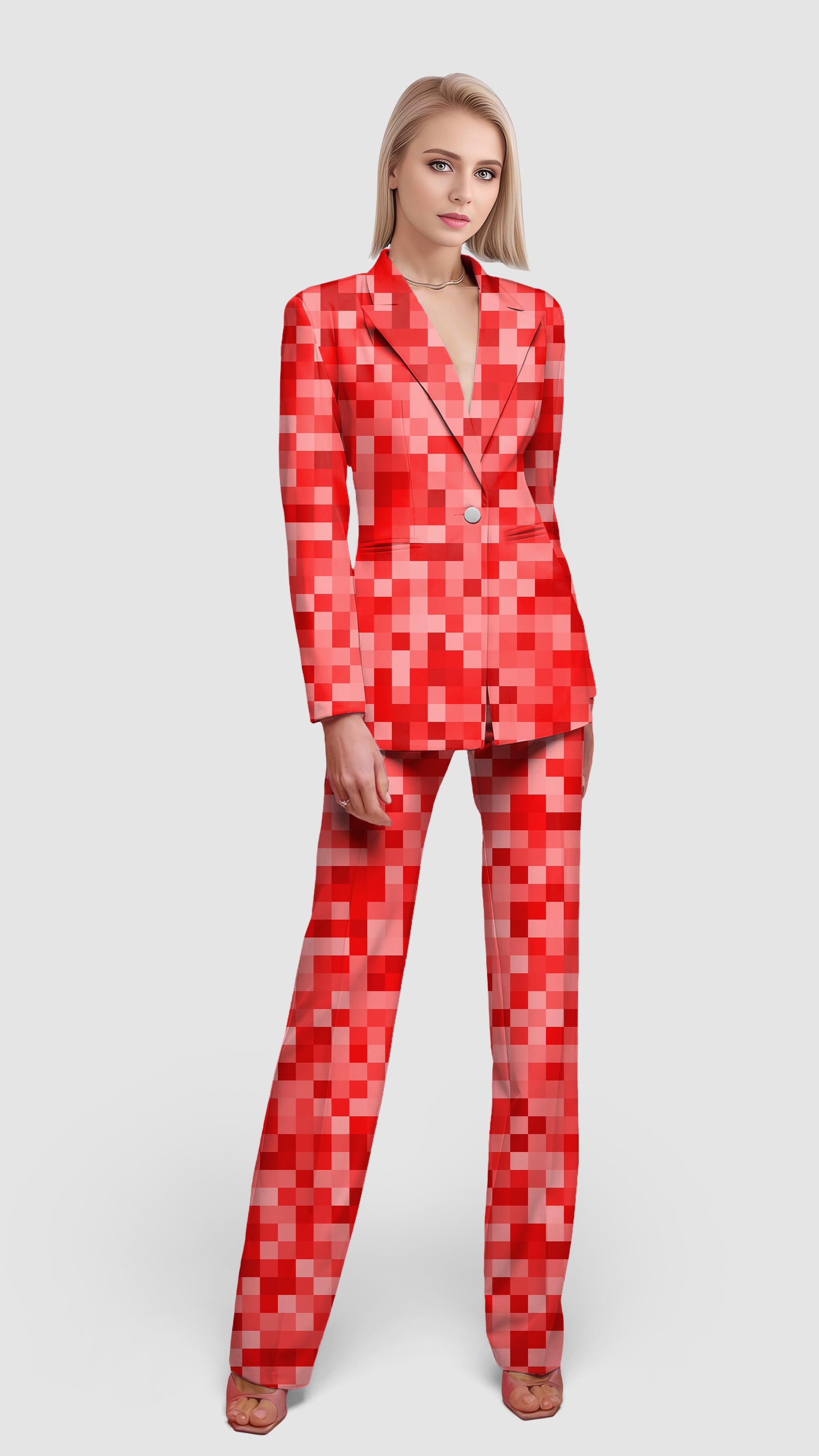 Red Pixel Big Women's Blazer and pants suit set with pixel pattern for casual and office wear
