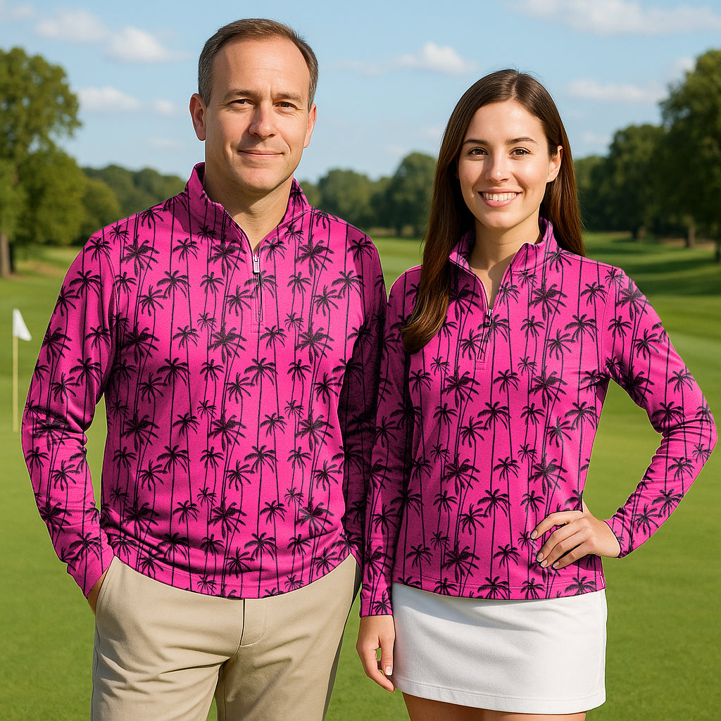 Rose-Red Coconut Trees Couple Golf Active 3/4 Zipper Top Long Sleeves