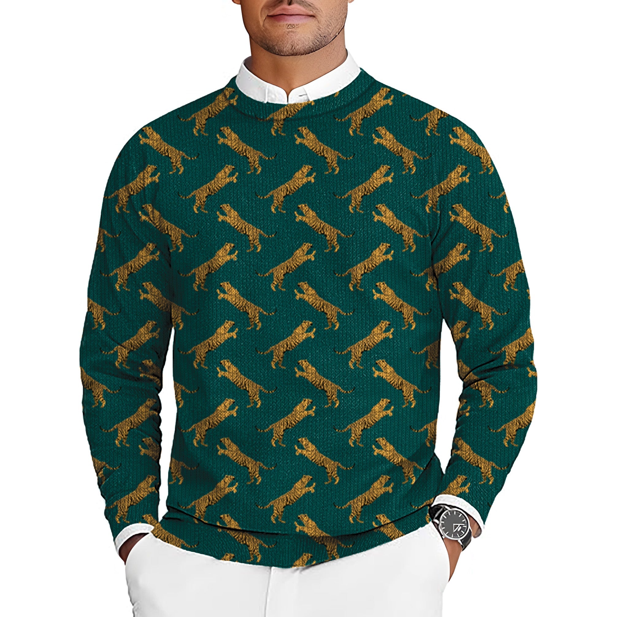 green tiger men's golf crewneck pullover sweater with tiger pattern