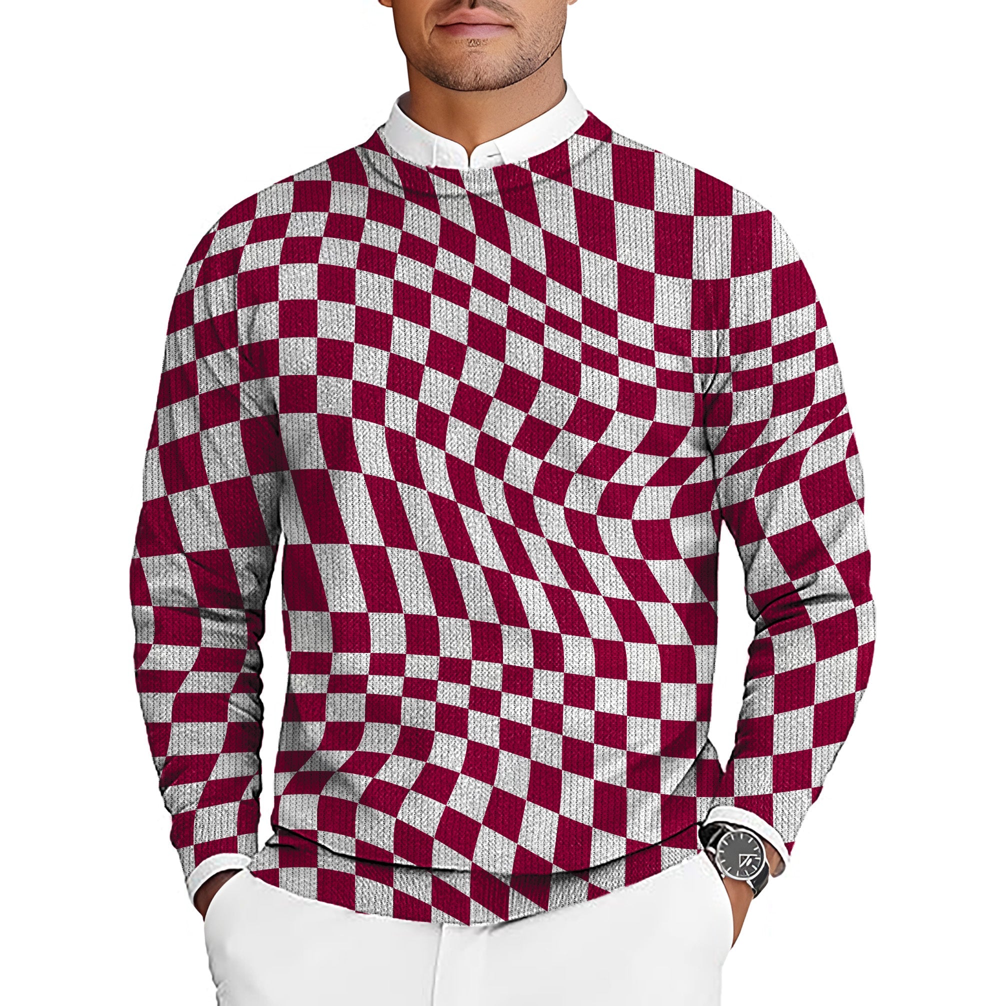 Men's golf crewneck pullover sweater with distorted space checkerboard pattern