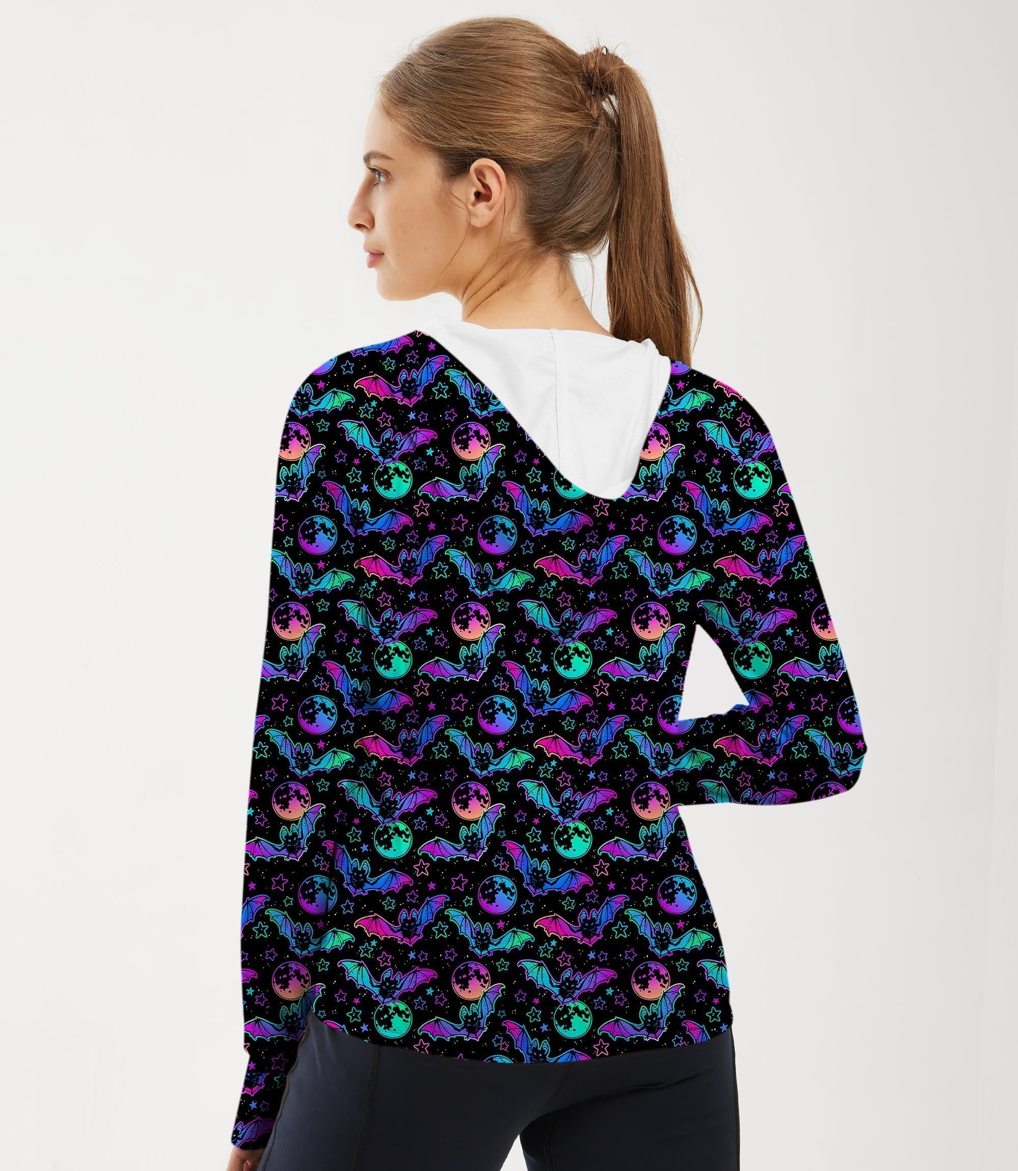 Women's outdoor slim fit zip hoodie with Halloween bat and moon print, UV protection, moisture-wicking fabric, and thumb holes for sun protection