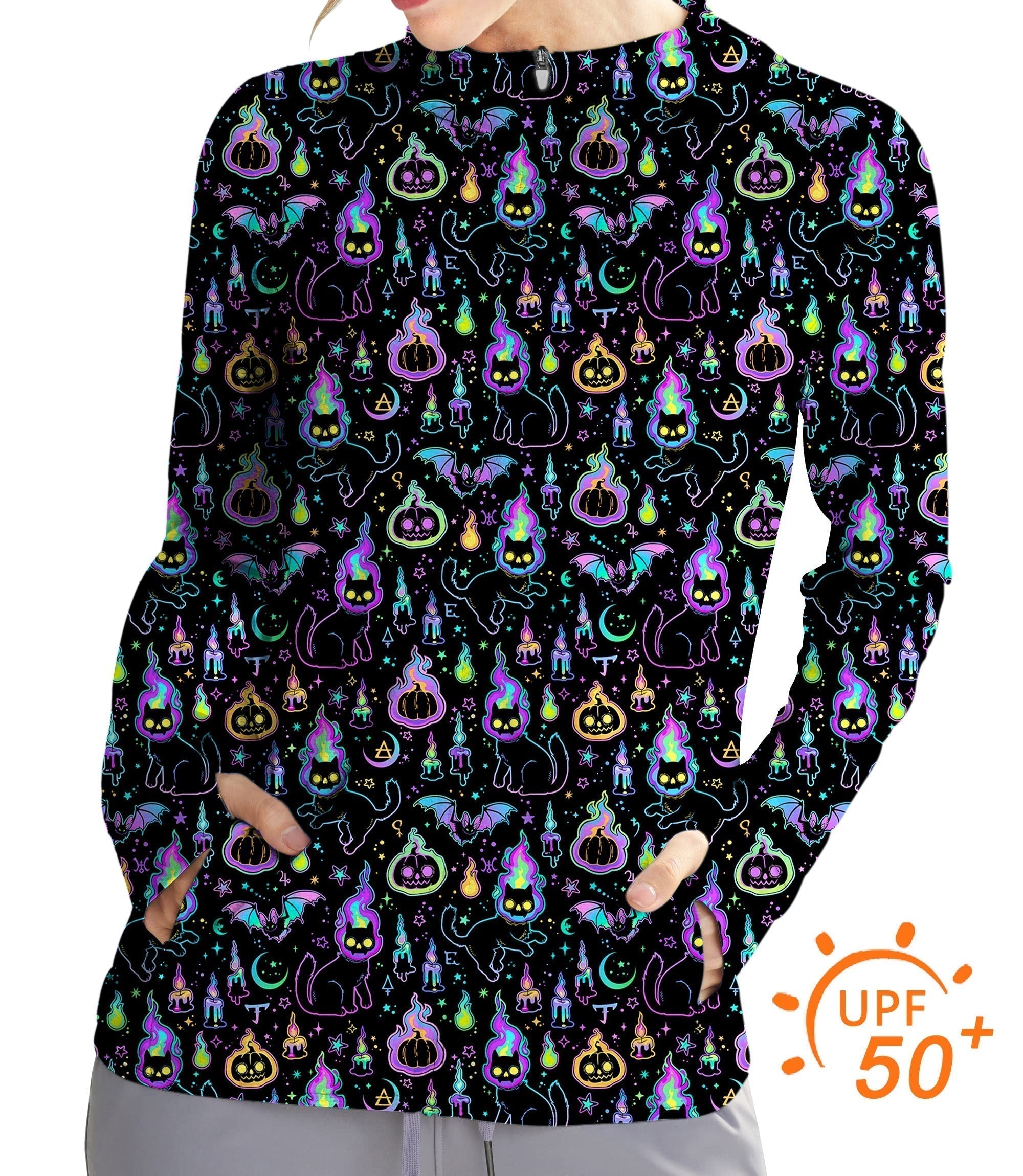 Women's Halloween-themed slim fit zip hoodie with ghost, pumpkin, and cat patterns, featuring UPF 50+ sun protection for outdoor activities