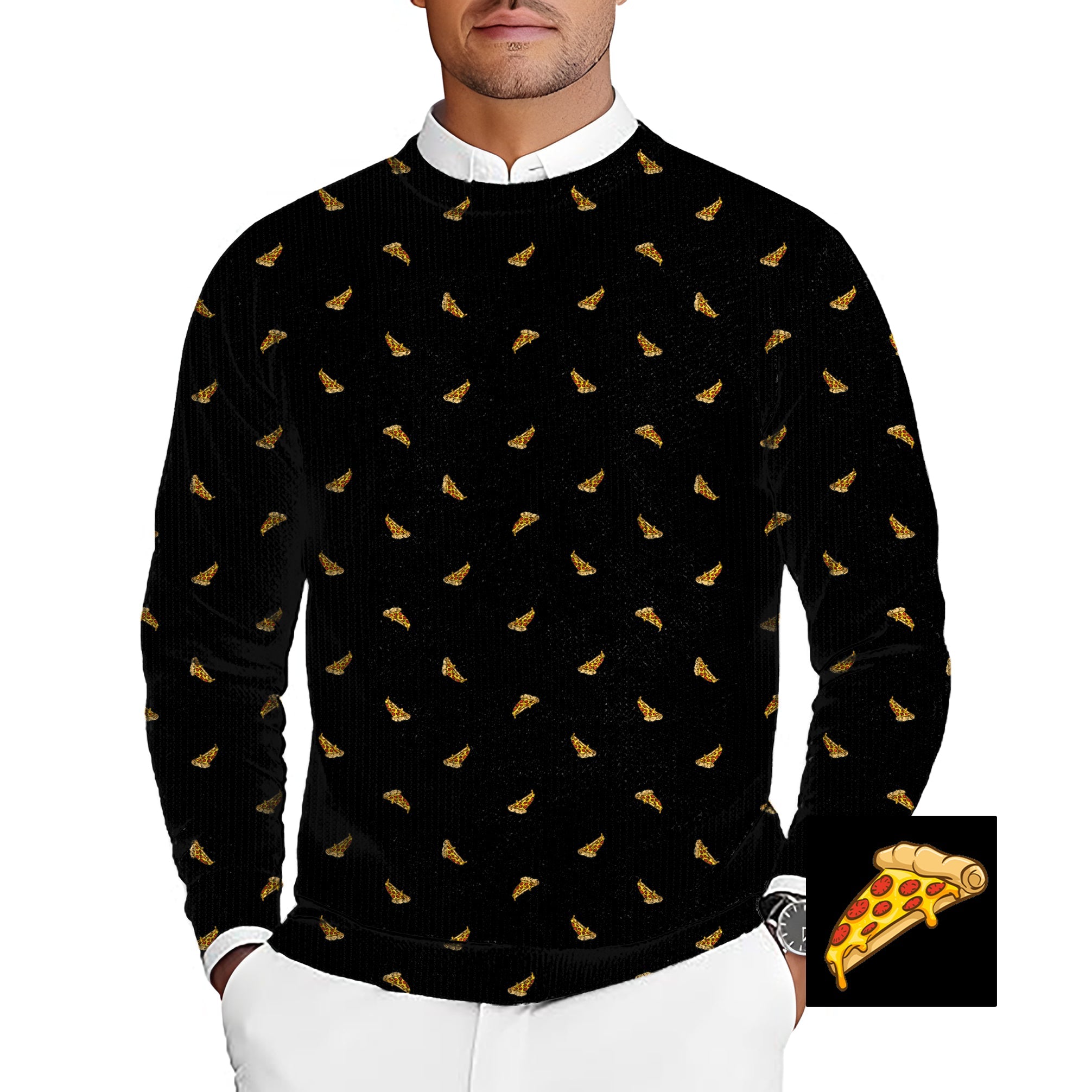 Men's black crewneck pullover sweater with delicious white pizza slice pattern for golf team customization