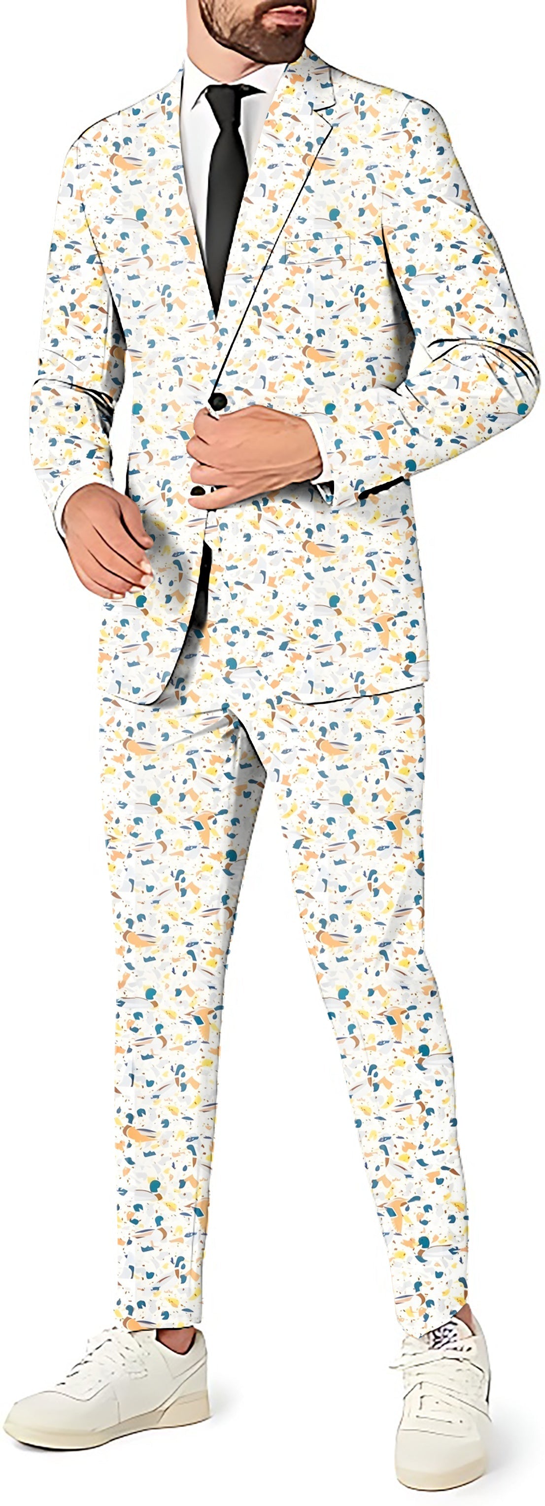 Yellow terrazzo men's slim fit party suit with blazer, pants, and vest set
