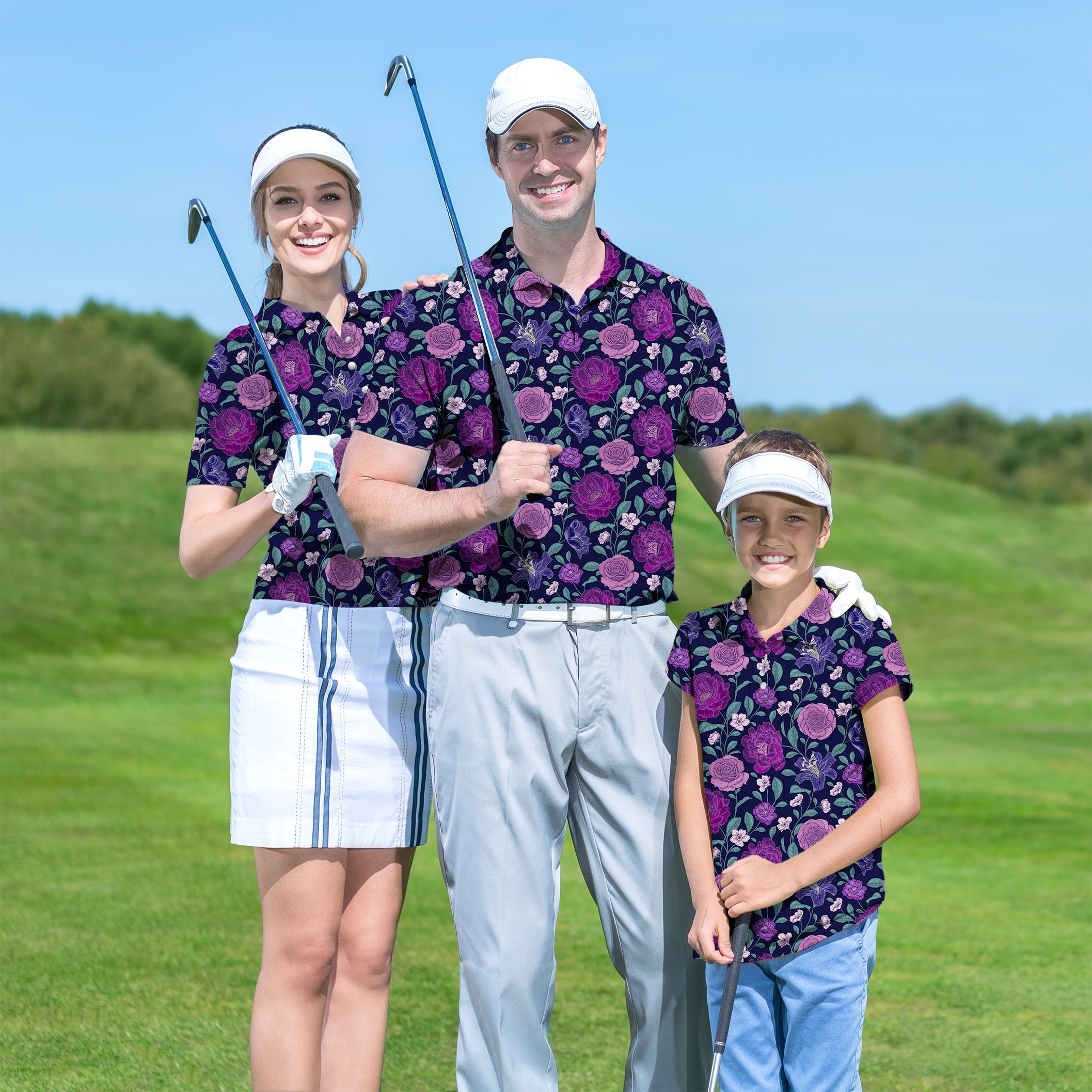 Family wearing matching purple floral set golf shirts on golf course