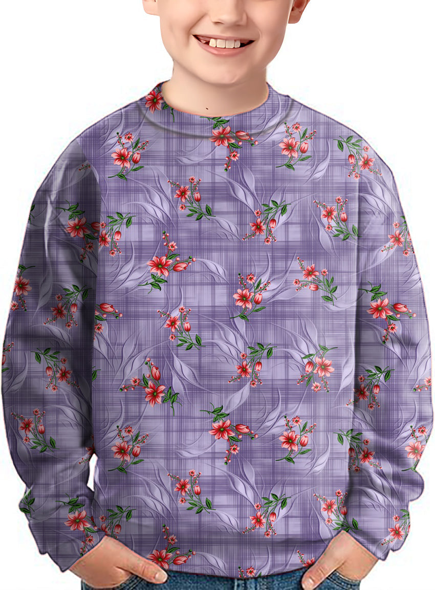 Kid wearing purple flower crewneck pullover with floral pattern sweatshirt