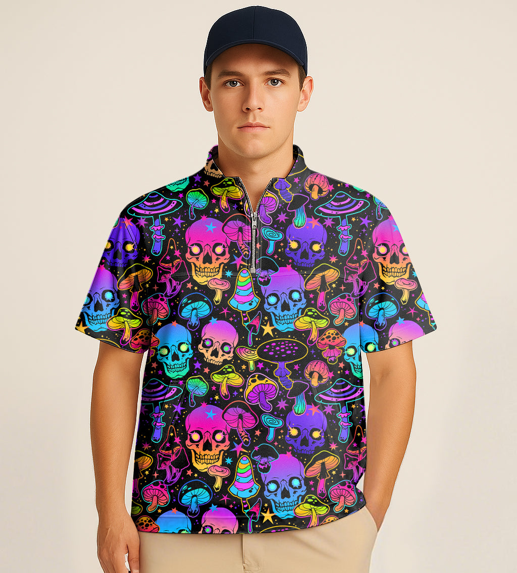 Men's neon skull embroidered half zipper turtleneck golf short shirt with colorful mushroom design