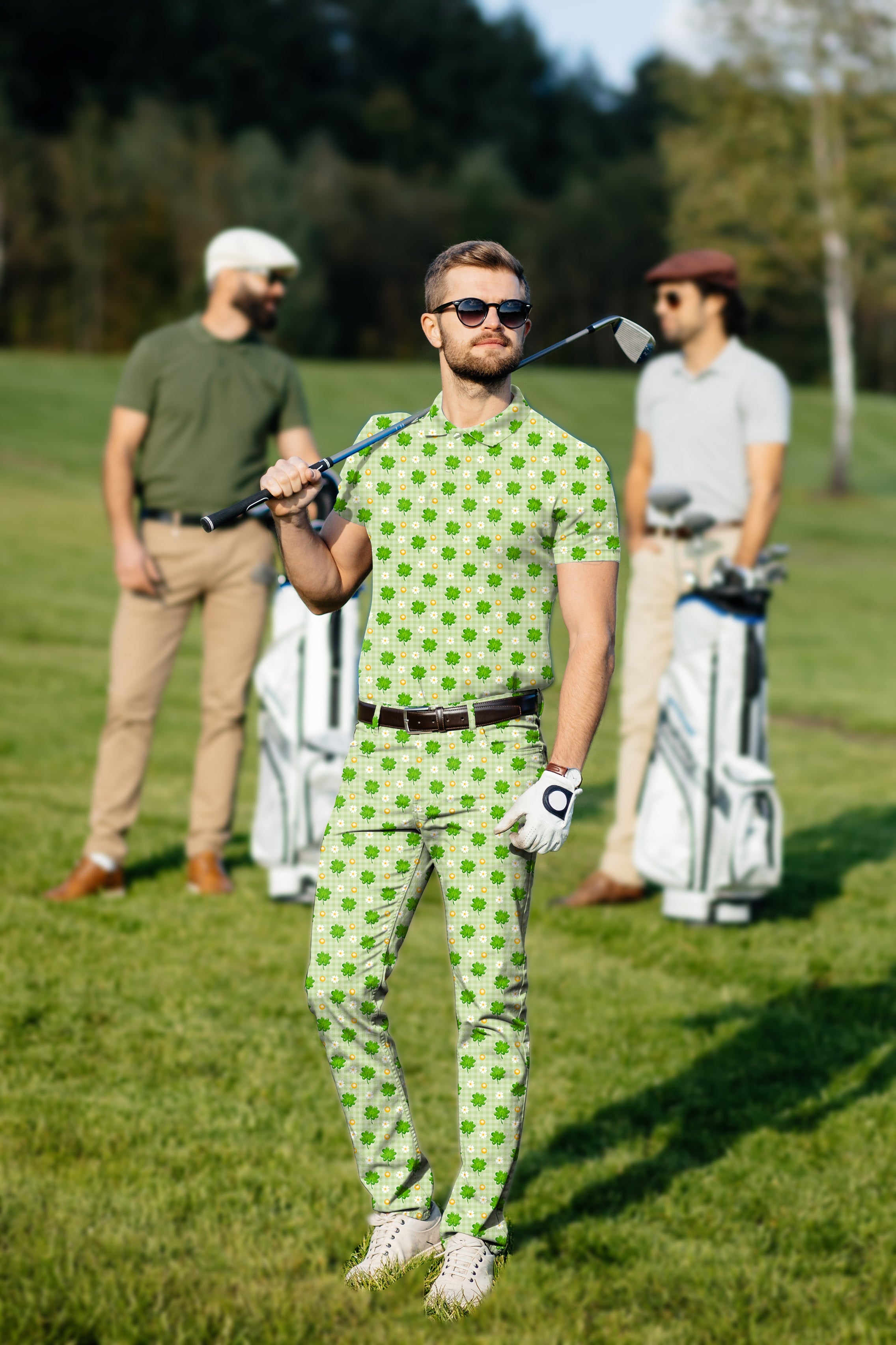 Men's golf set polo and pants with clover design for St. Patrick's Day on golf course