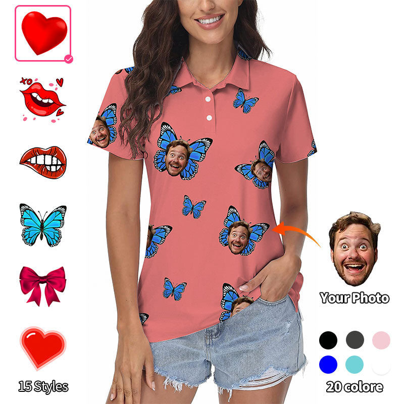 Valentine's Day custom photo face hot pink women's golf polo with butterfly print and personalized faces