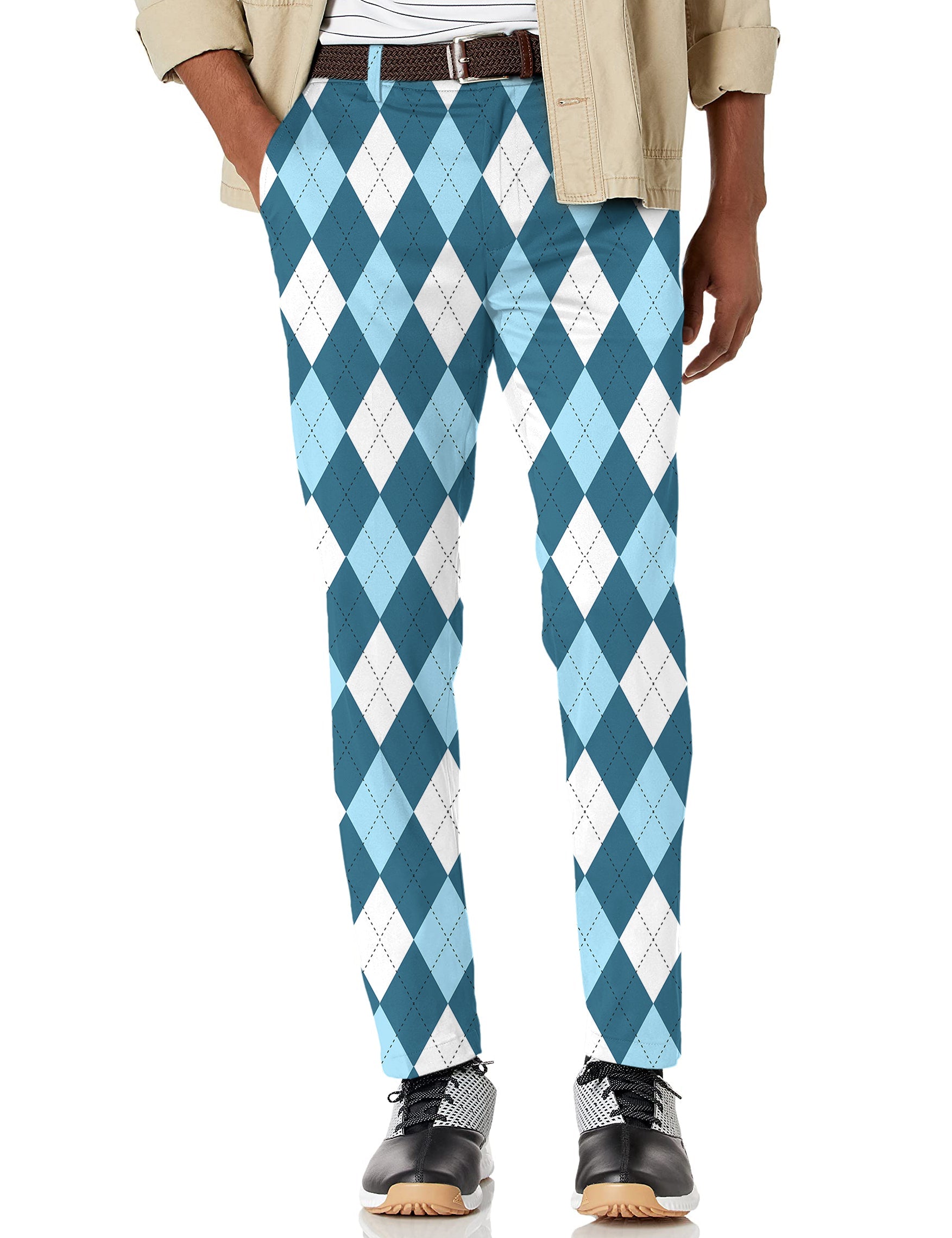 Men's diamond pattern blue stretch golf pants with moisture-wicking fabric and active waistband