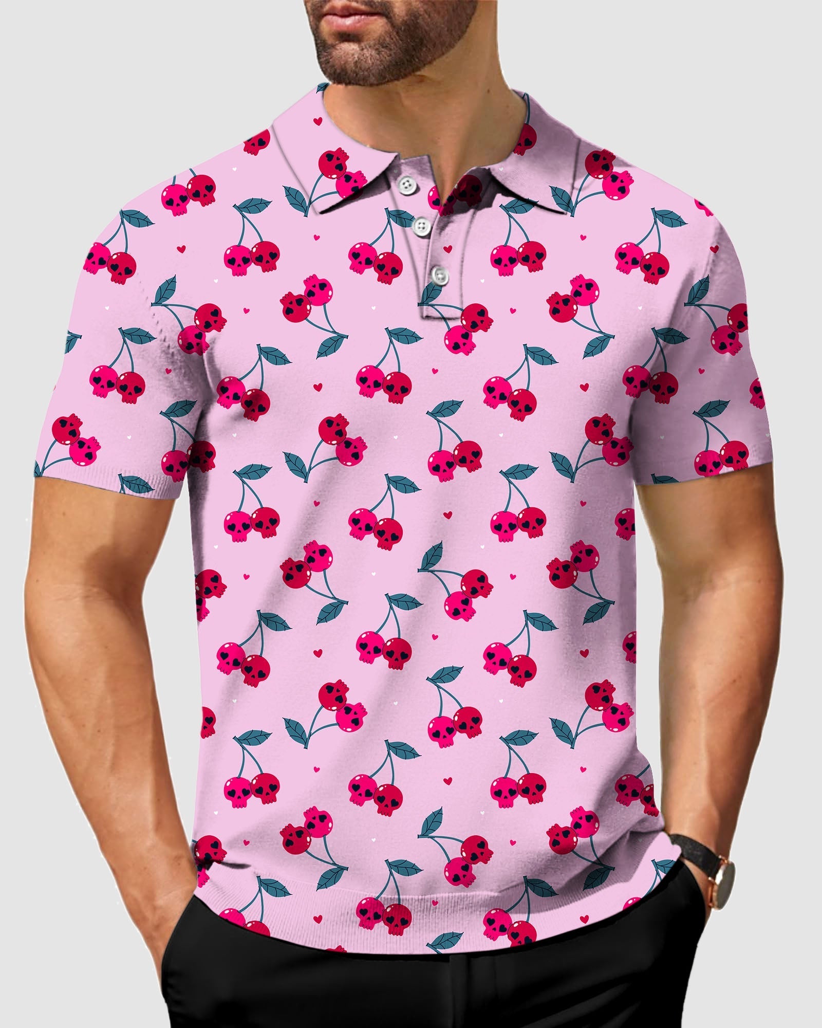 Men's Halloween Cherry Skull Polo shirt with pink background and red cherry skull pattern, tailored classic fit, moisture-wicking fabric, and UPF 40+ protection