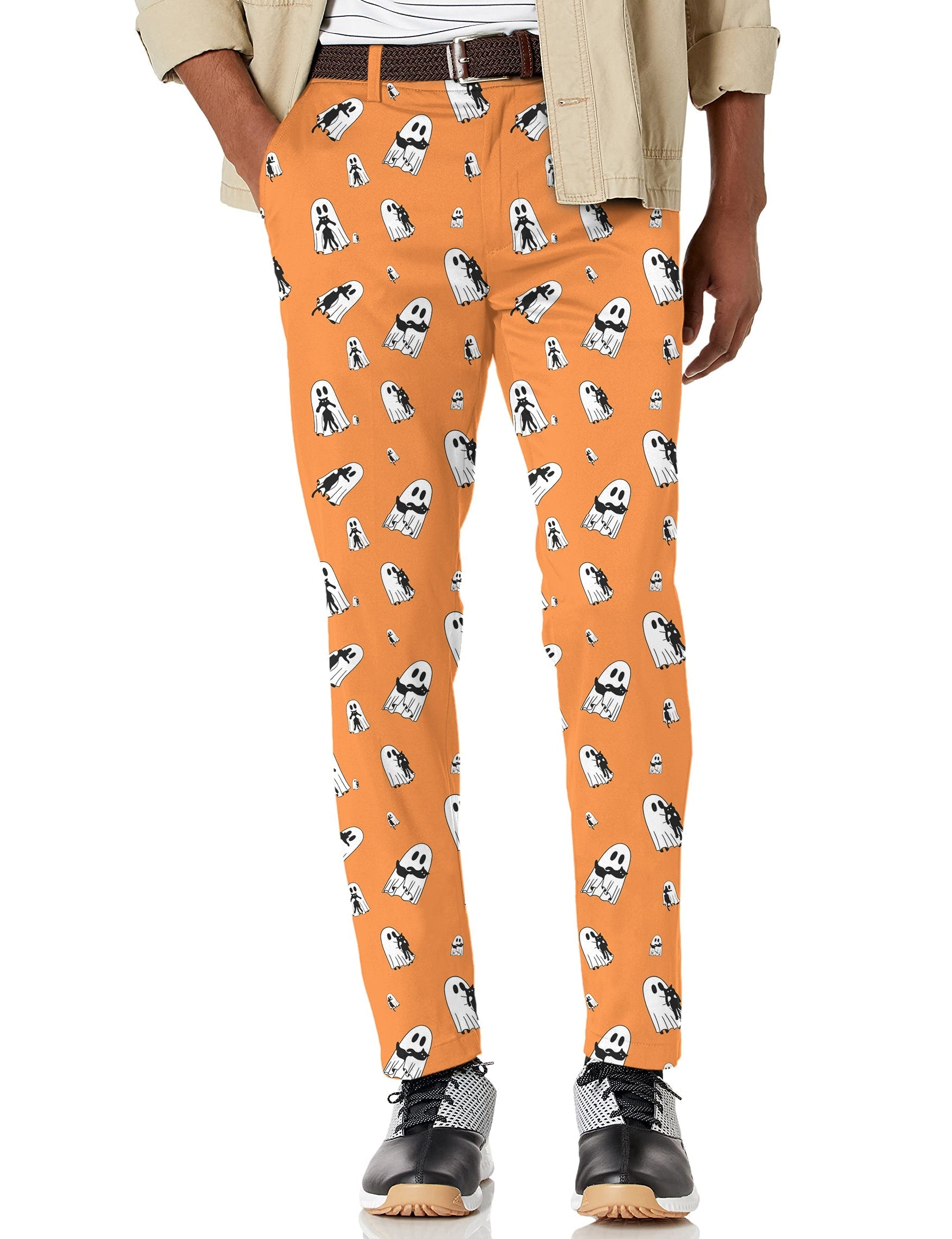 Men's Halloween ghost hug cat stretch golf pants with orange background and ghost print